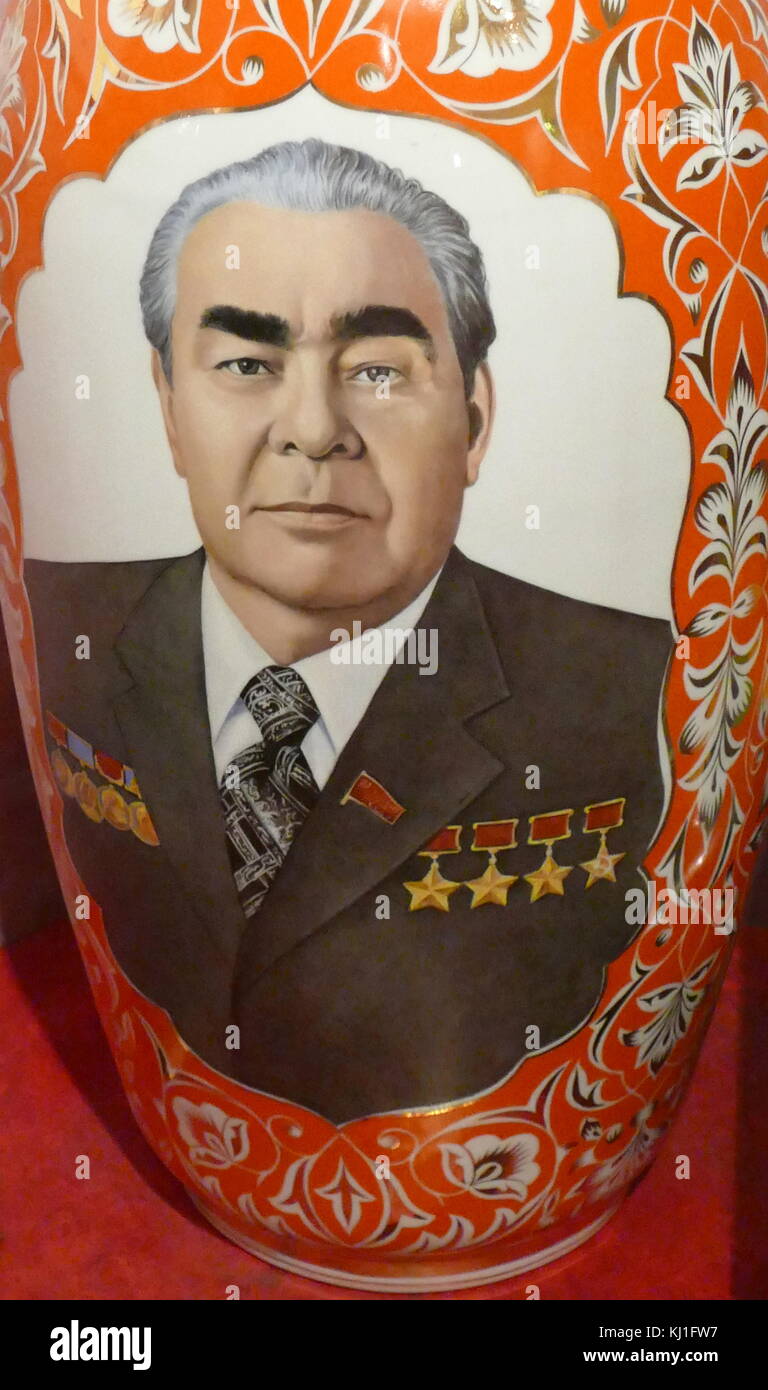 Vase with a depiction of Leonid Ilyich Brezhnev (1906 – 1982). Brezhnev was the General Secretary of the Central Committee of the Communist Party of the Soviet Union (CPSU), presiding over the country from 1964 until his death in 1982. Stock Photo