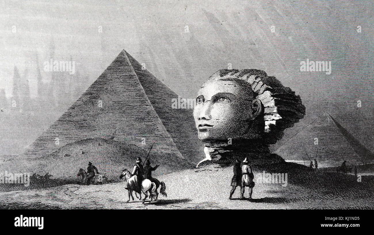 Engraving depicting the Pyramids of Giza and the Sphinx, also known as the Giza Pyramid Complex. Dated 19th Century Stock Photo