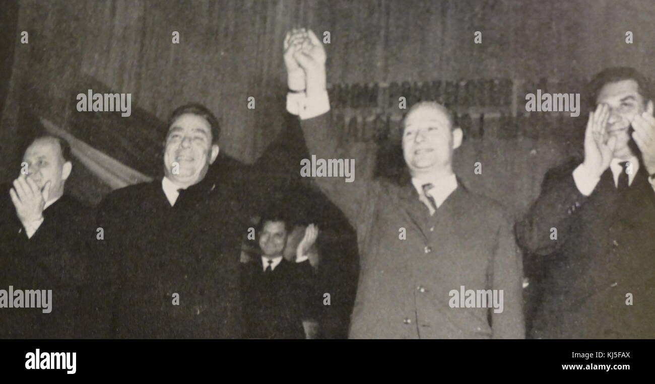 Photograph of Leonid Brezhnev (1906-1982) the General Secretary of the Central Committee of the Communist Party of the Soviet Union, with Alexander Dubcek (1921-1992) a Slovak politician and brief leader of Czechoslovakia. Dated 20th Century Stock Photo