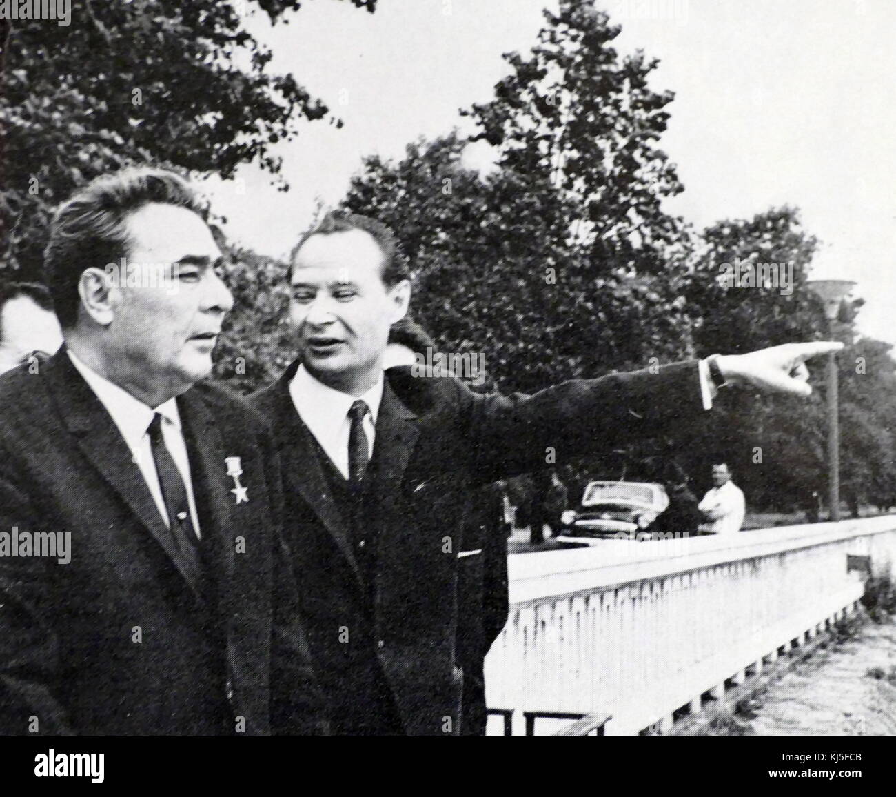 Photograph of Leonid Brezhnev (1906-1982) the General Secretary of the Central Committee of the Communist Party of the Soviet Union, with Alexander Dubcek (1921-1992) a Slovak politician and brief leader of Czechoslovakia. Dated 20th Century Stock Photo