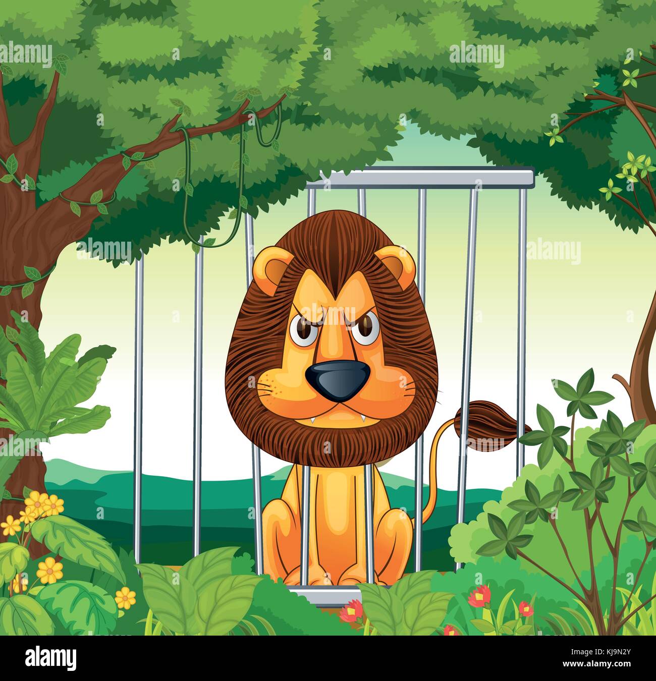 Illustration of an angry lion inside a cage Stock Vector