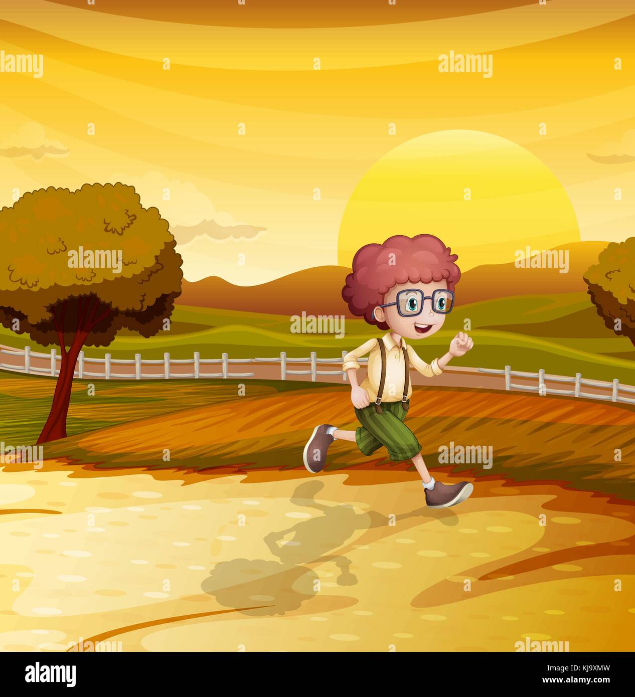 Illustration of an afternoon view with a young boy running Stock Vector