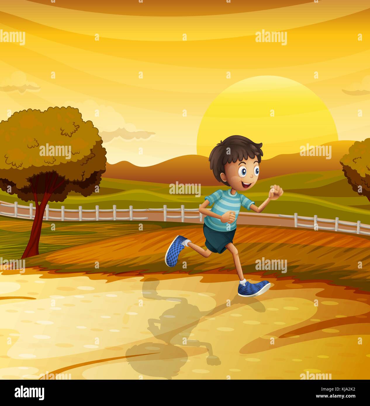 Illustration of a view of the afternoon with a young boy running Stock Vector