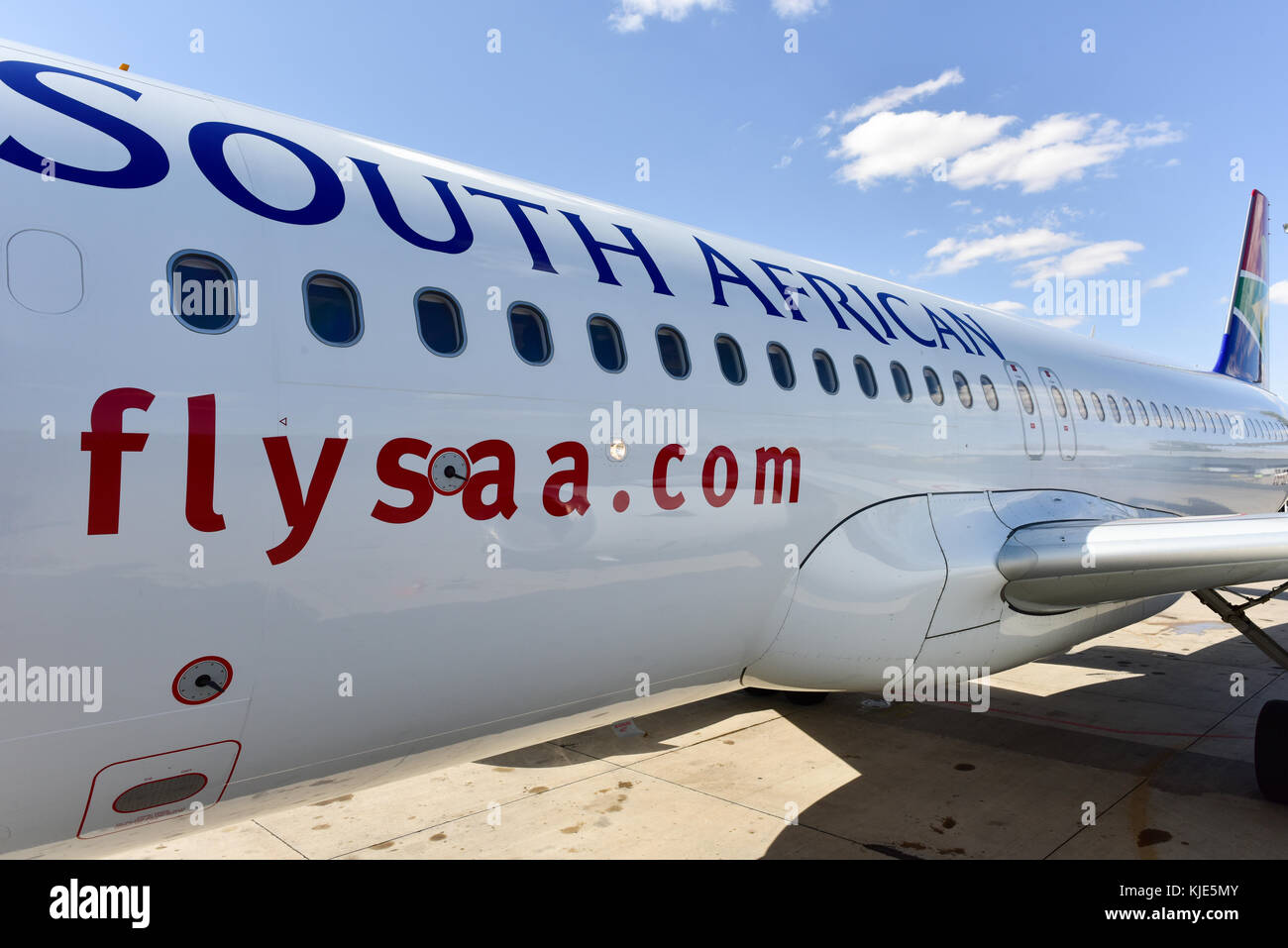 Windhoek, Namibia - May 25, 2015: South African Airlines airplane on the runway in Windhoek, Namibia. South African Airways is national flag carrier a Stock Photo