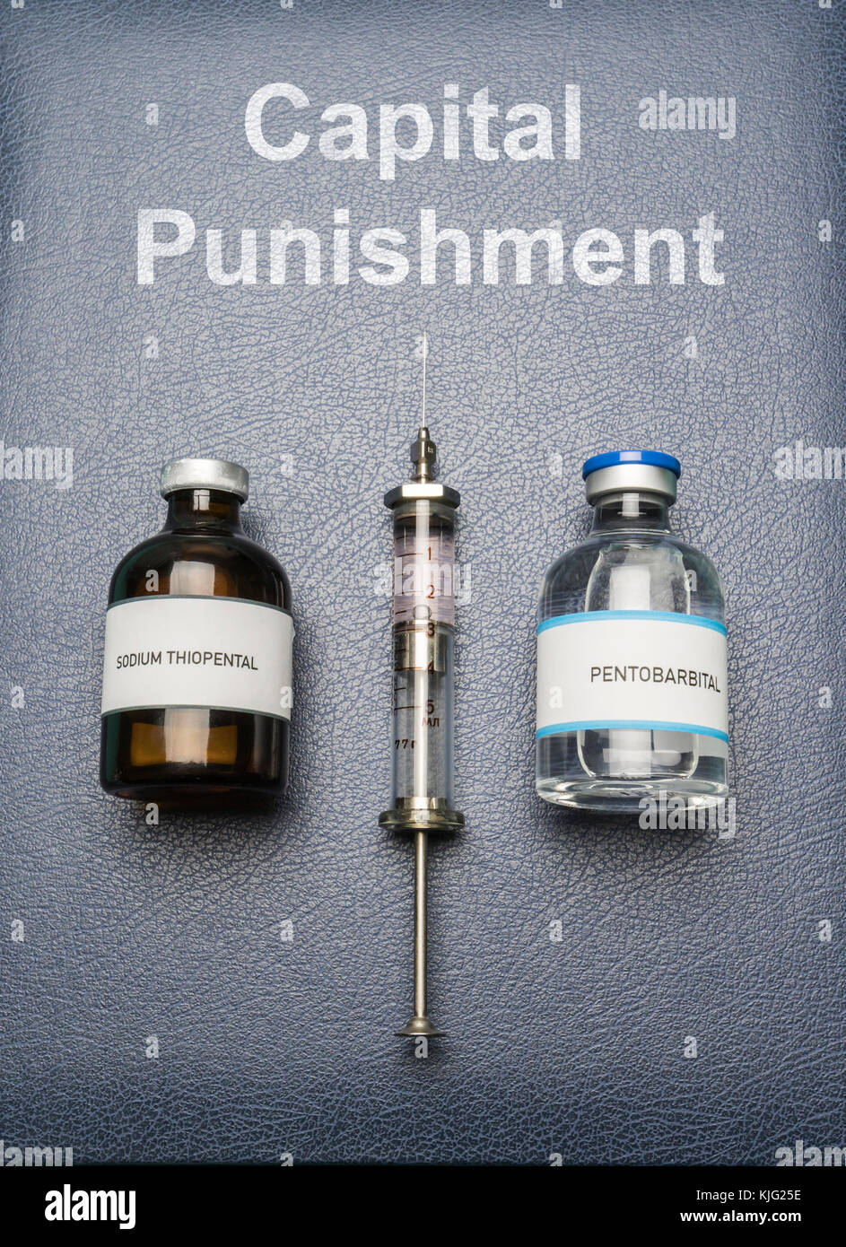 Vintage syringe and drugs used in lethal injection on a book of Capital Punishment, digital composition, conceptual image Stock Photo