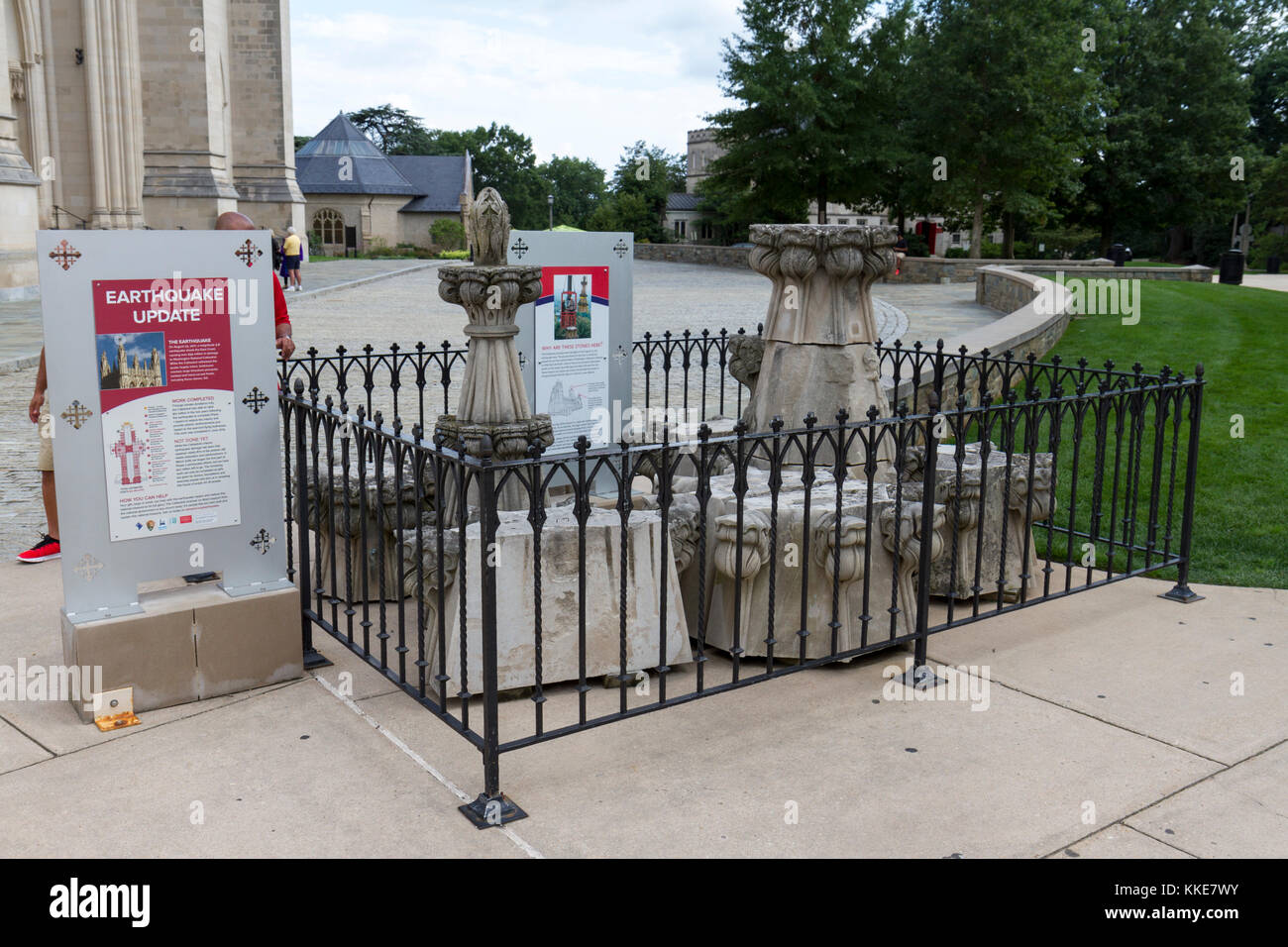 Stonework that fell after an earthquake outside the Washington National Cathedral, Wisconsin Avenue and Massachusetts Avenue, N.W., Washington, D.C. Stock Photo