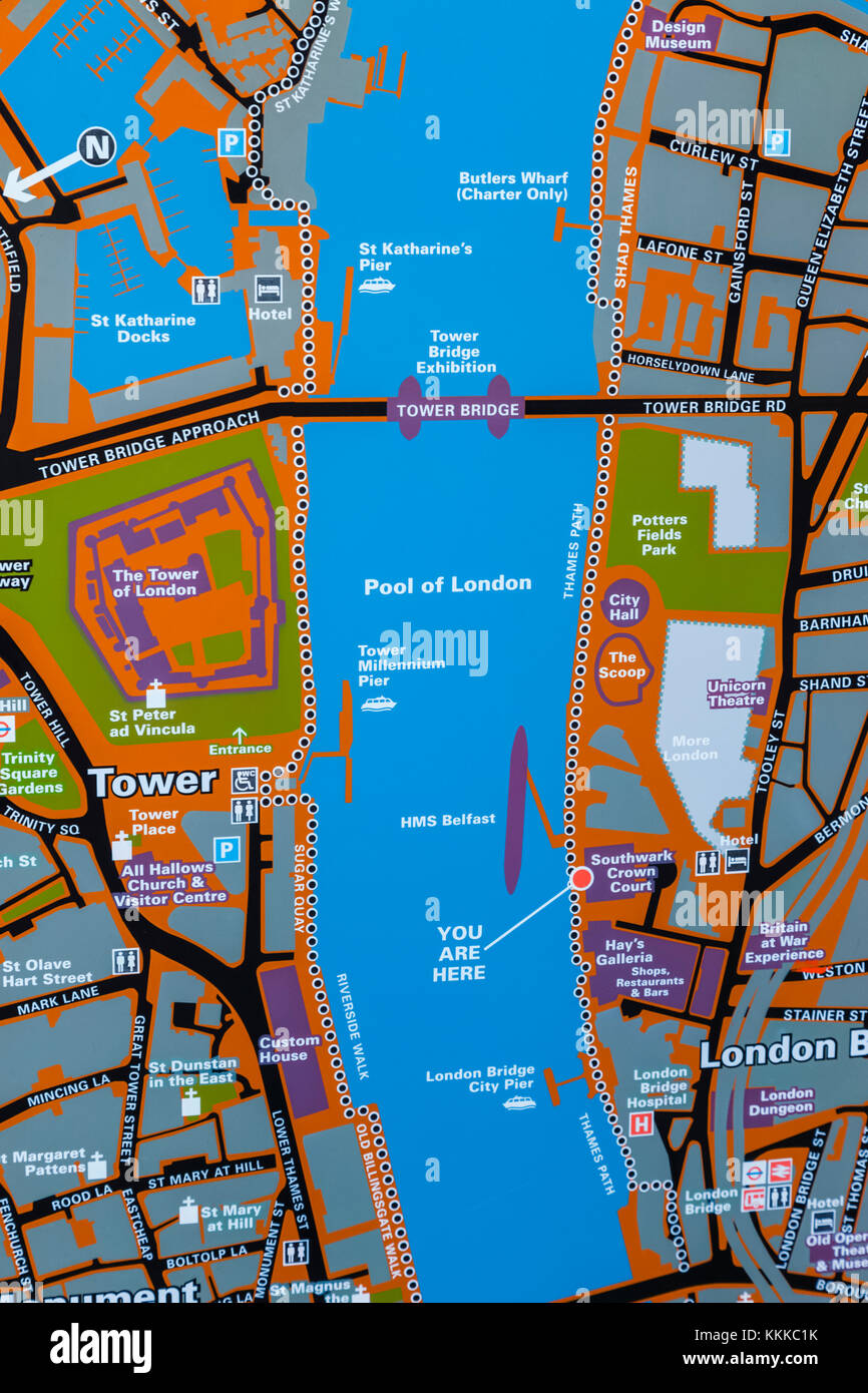 England, London, City of London, Street Map of The Tower of London and River Thames Area Stock Photo