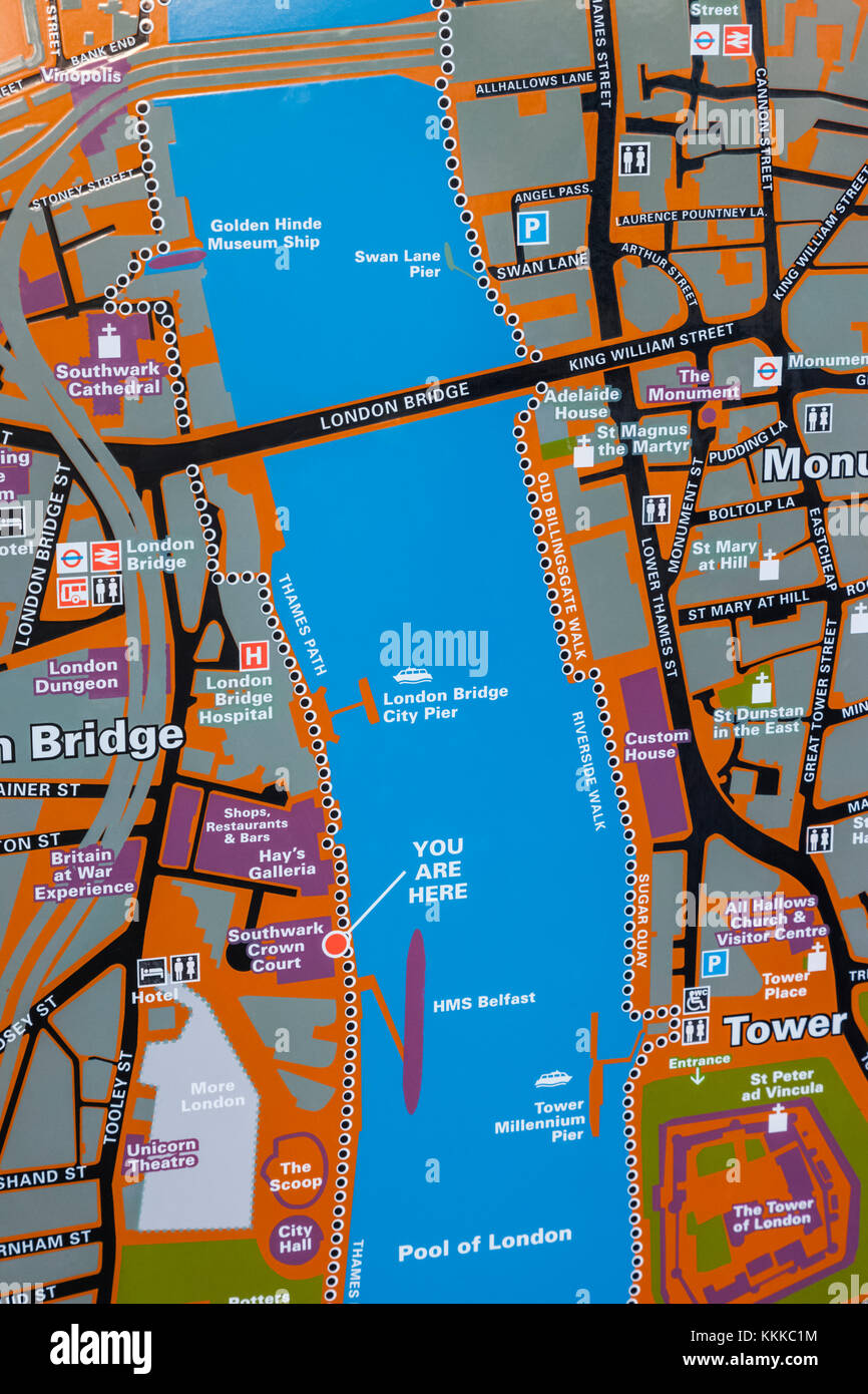 England, London, City of London, Street Map of The Tower of London and River Thames Area Stock Photo