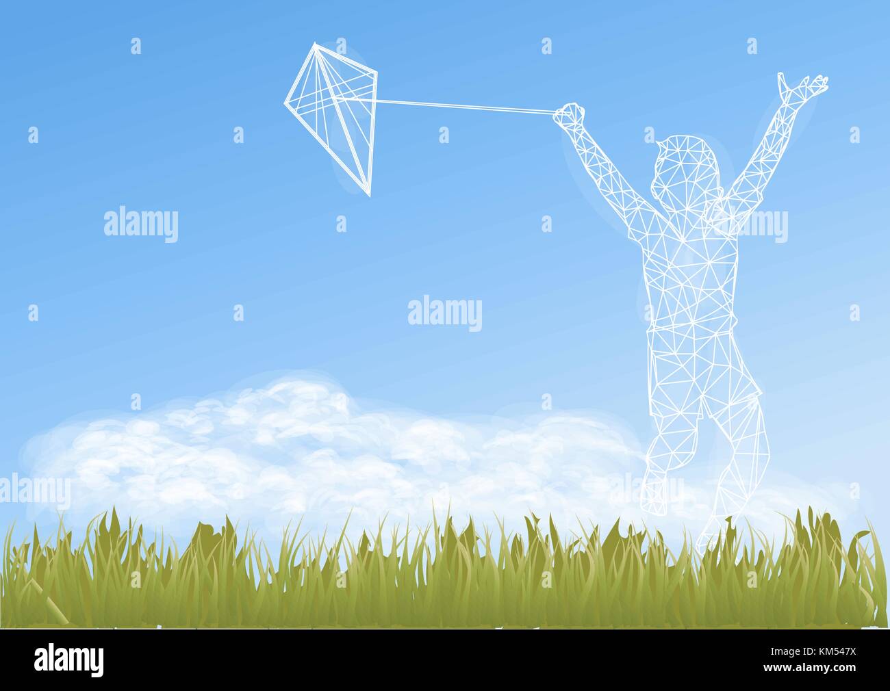 silhouette of a boy with  kite again blue sky Stock Vector