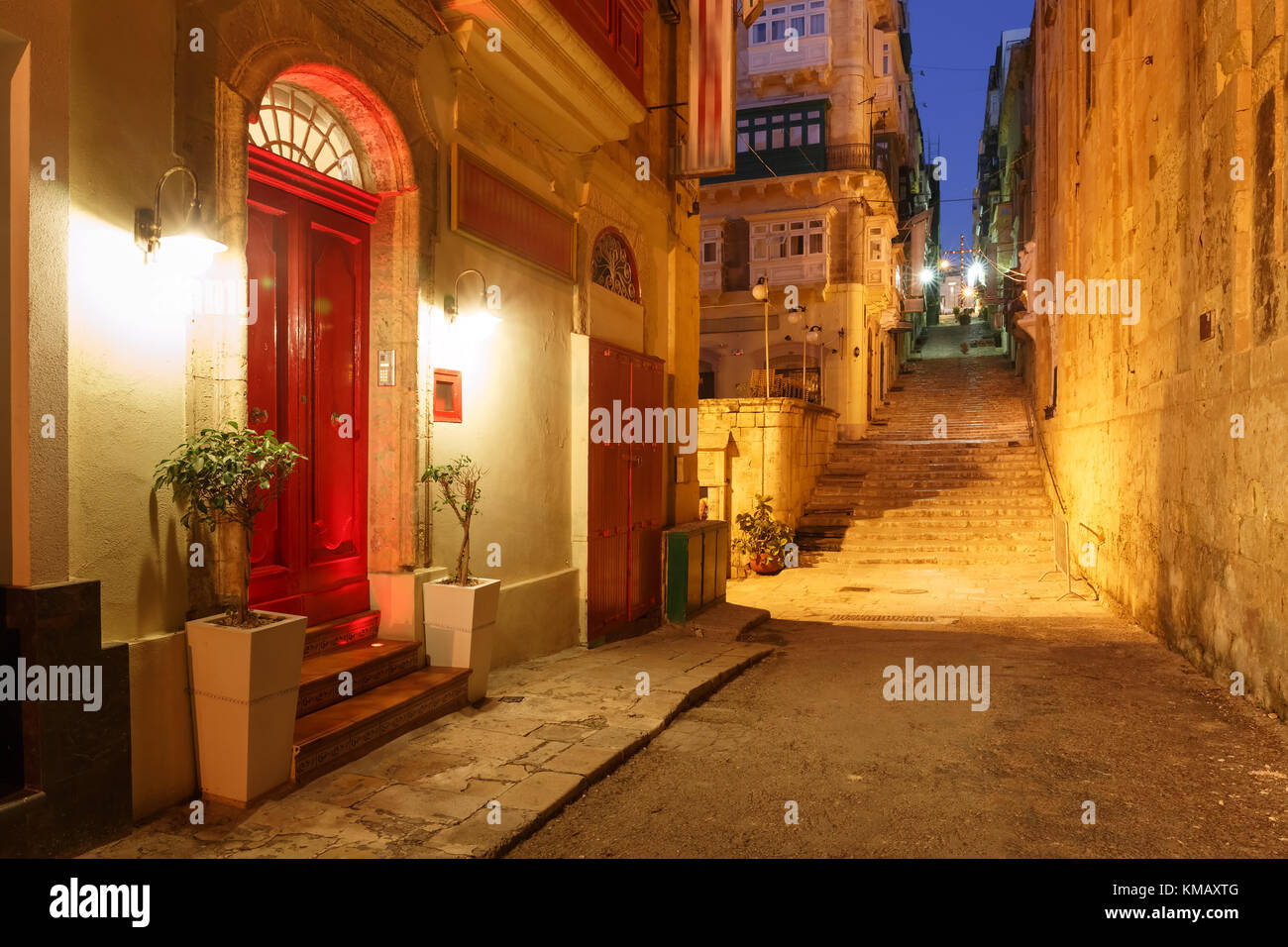 Night street in old town of Valletta, Malta Stock Photo