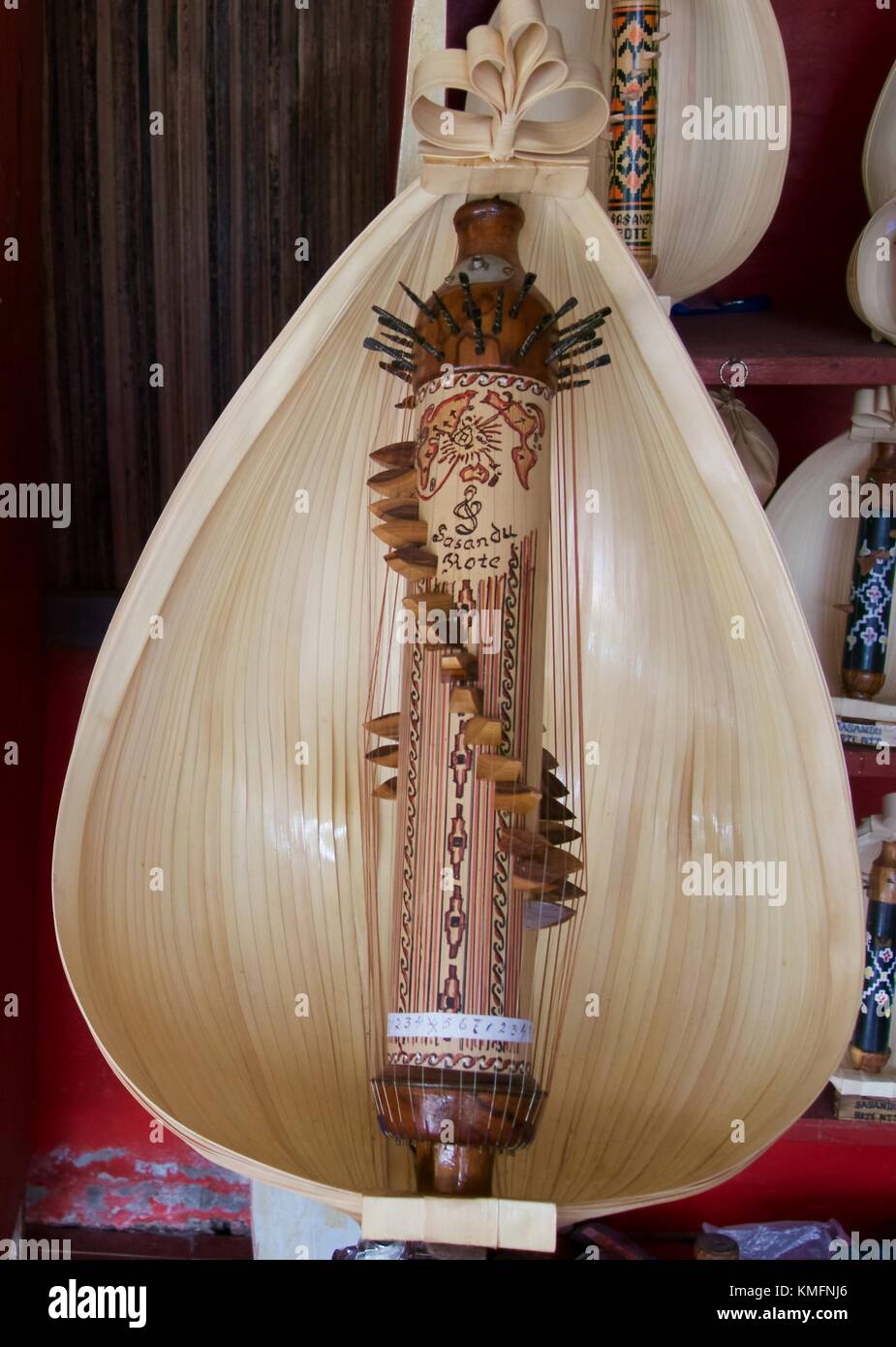 Close up of an upright  'sasandu' (sasando) on display, a traditional , hand-made stringed musical instrument from West Timor, Indonesia Stock Photo