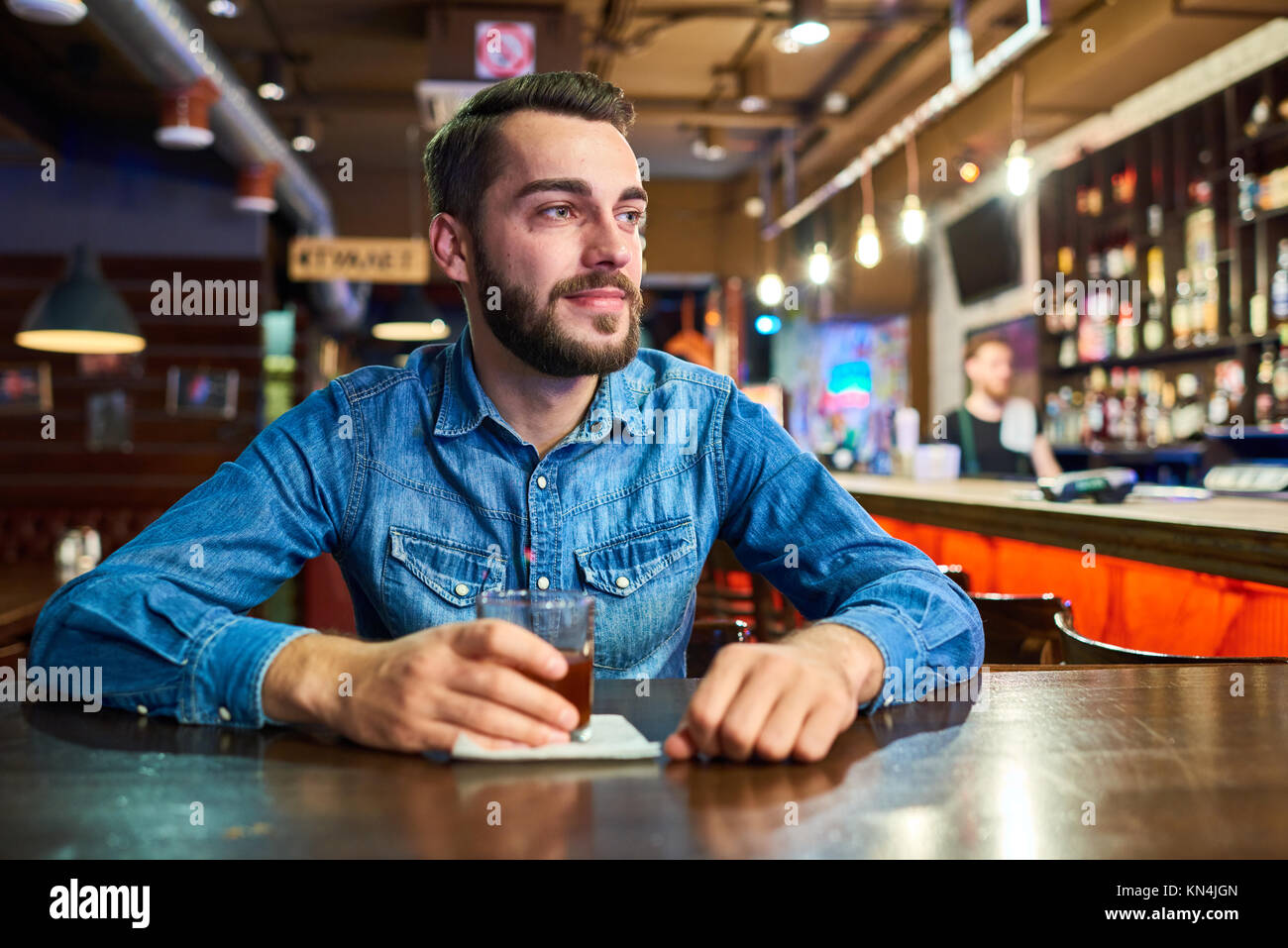 Happy Drunk Man in Bar Stock Photo