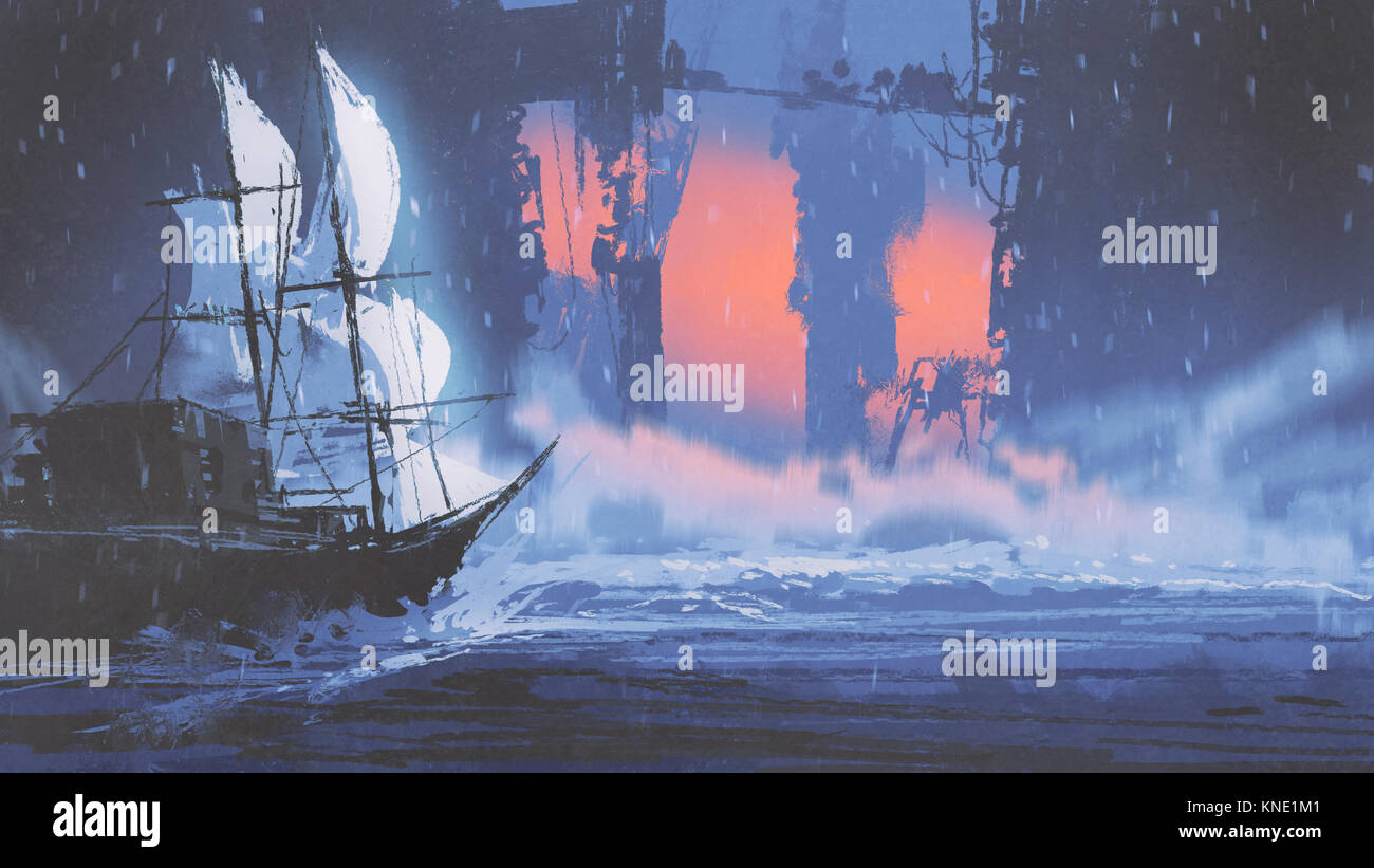 sailing ship on wave of ocean into abandoned city, digital art style, illustration painting Stock Photo