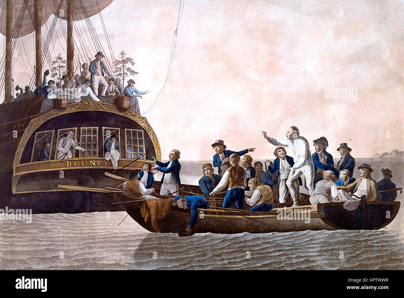 Mutiny on the Bounty, Fletcher Christian and the mutineers turn Lieutenant William Bligh and 18 others adrift. The mutiny on the Royal Navy vessel HMS Bounty occurred in the south Pacific on 28 April 1789. Stock Photo