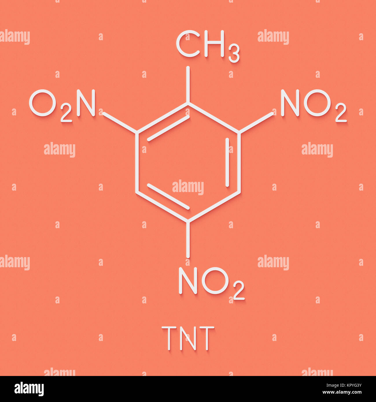 Trinitrotoluene (TNT) high explosive molecule. Skeletal formula. Stock Photo