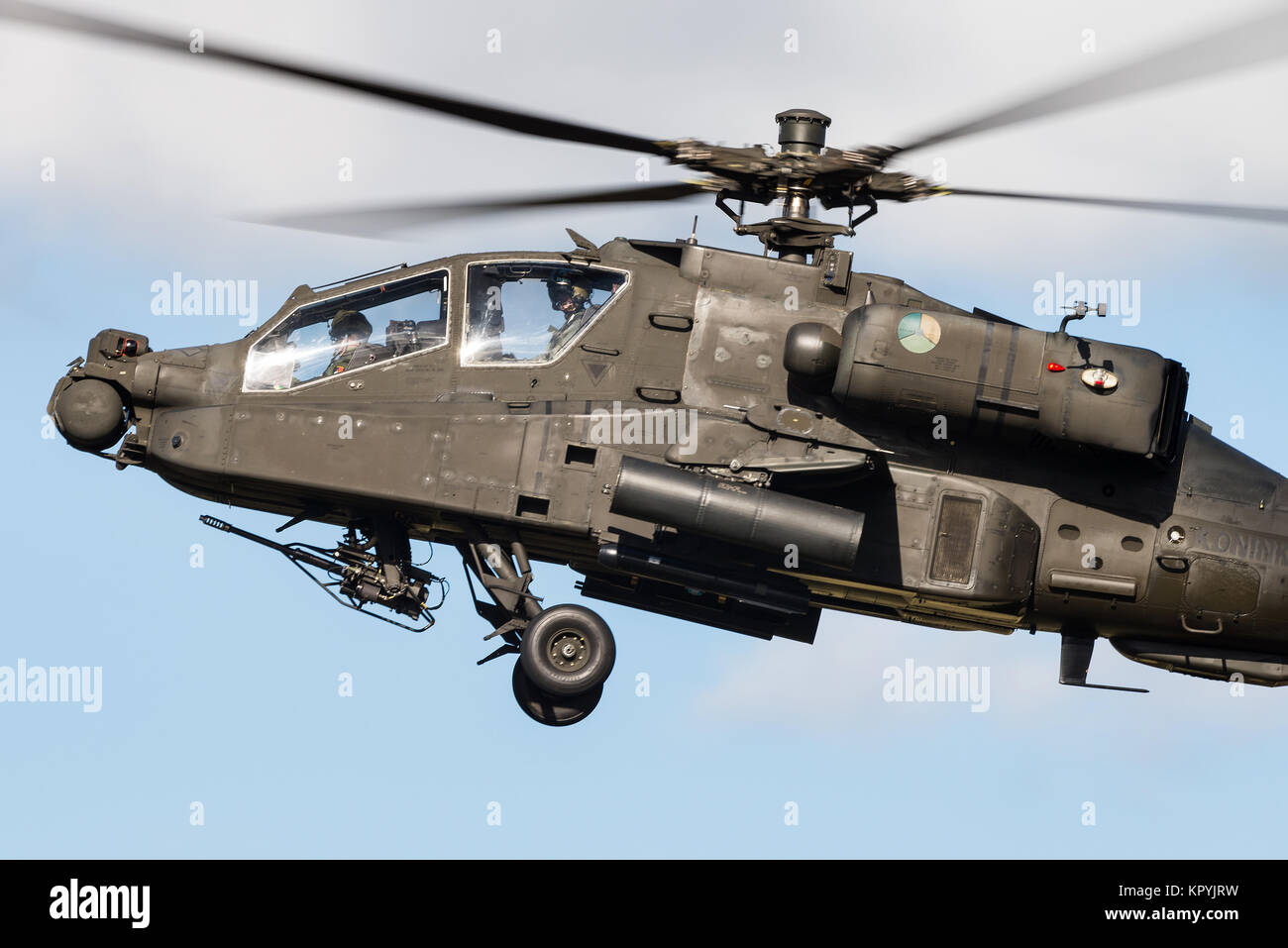 A Boeing AH-64 Apache attack helicopter of the Royal Netherlands Air Force at the Gilze-Rijen Air Base. Stock Photo