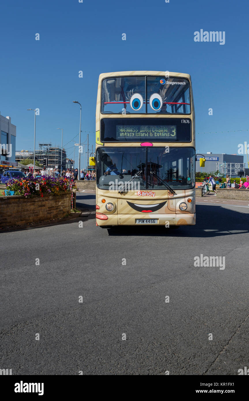 Painted face on a Double deck bus in Skegness Lincolnshire UK Stock Photo