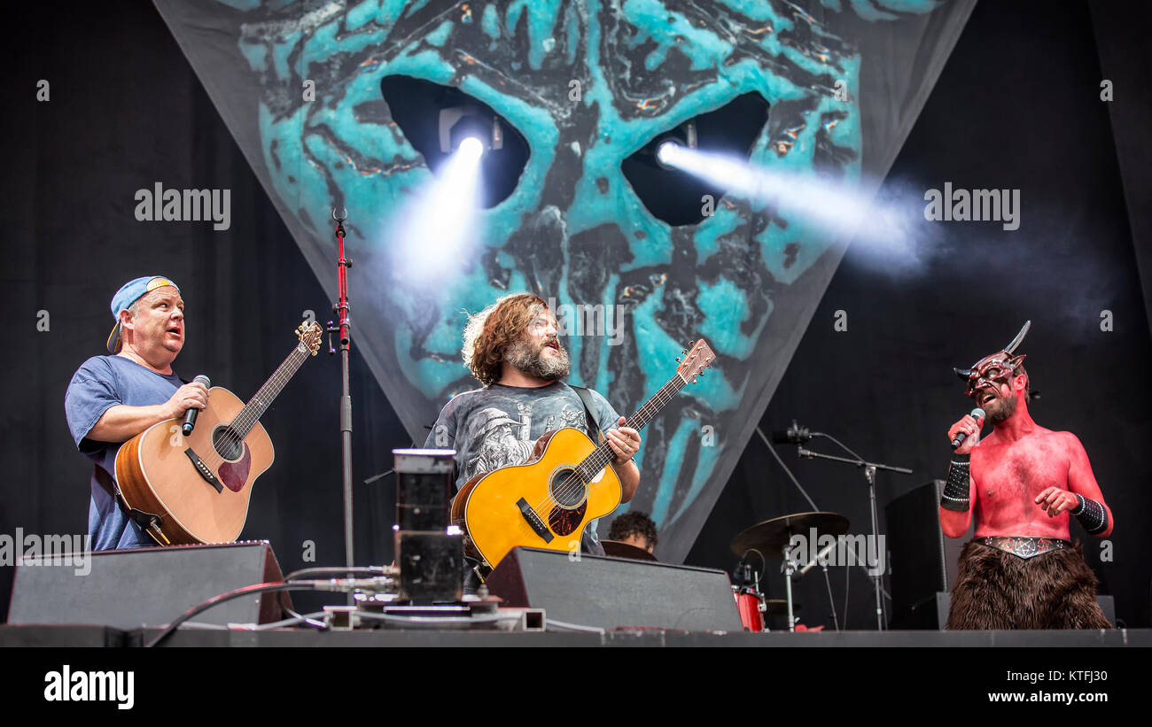 The American comedy rock duo Tenacious D performs a live concert at Swedish music festival Bråvalla Festival 2016. The duo consists of the two actors, musicians and singers Jack Black (C) and Kyle Gass (L). Sweden, 01/07 2016. Stock Photo