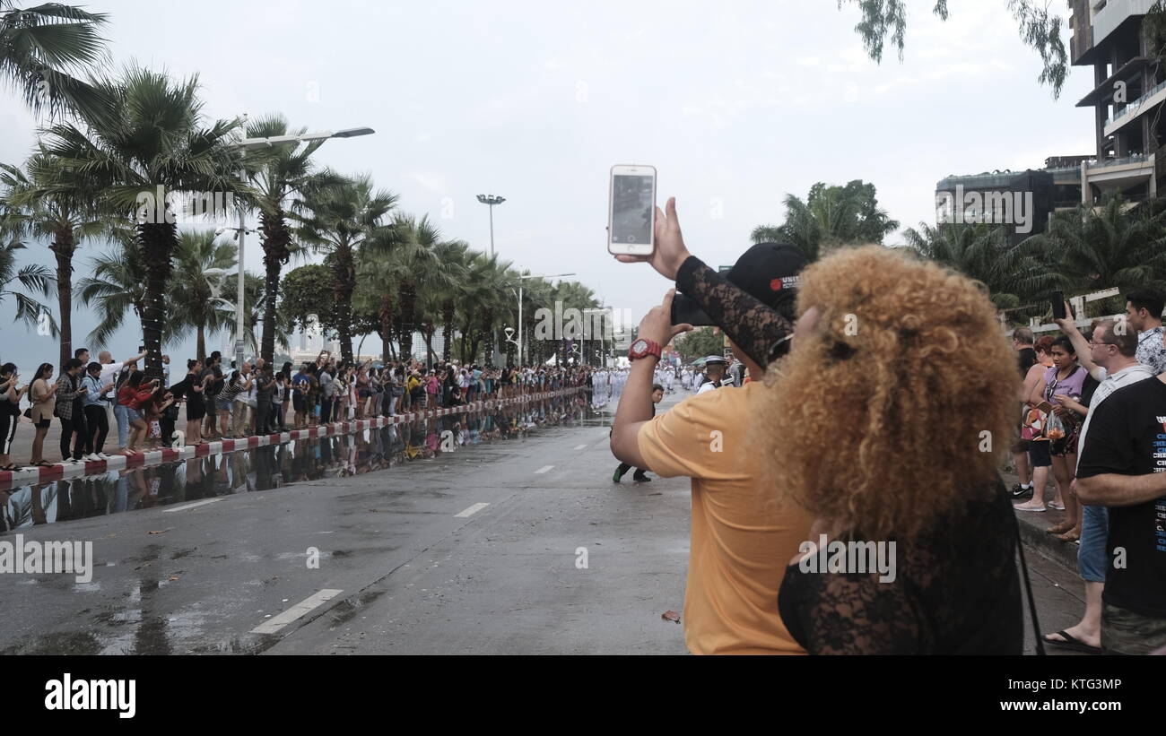 Asean Navy Parade 50th Anniversary International Fleet Week 2017 Pattaya Beach Thailand Swabbies Marching in the rain Inclement Weather Pass in Review Stock Photo