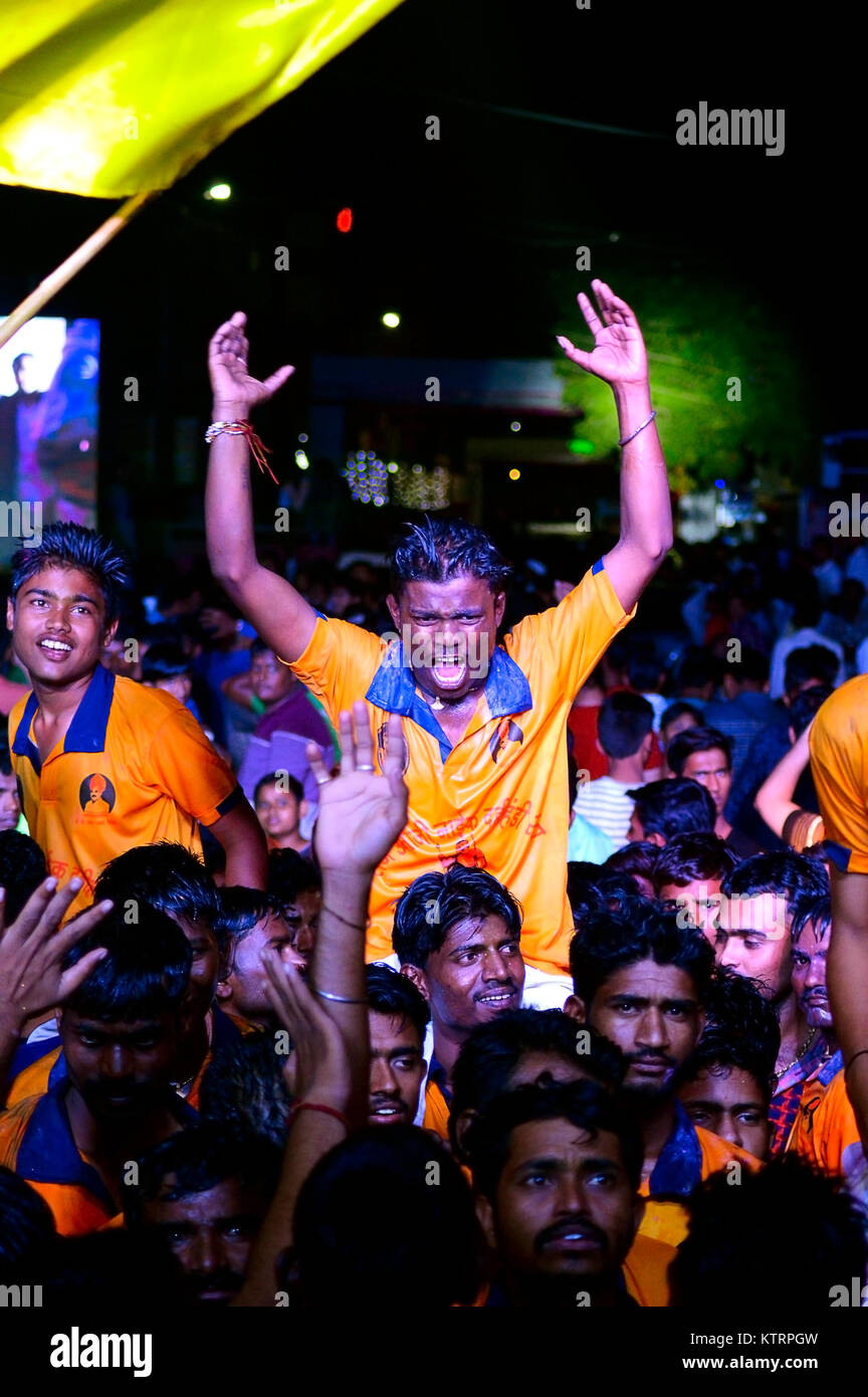 Govinda celebrating after breaking dahi handi on Janmashtami festival in Pune, Maharashtra Stock Photo