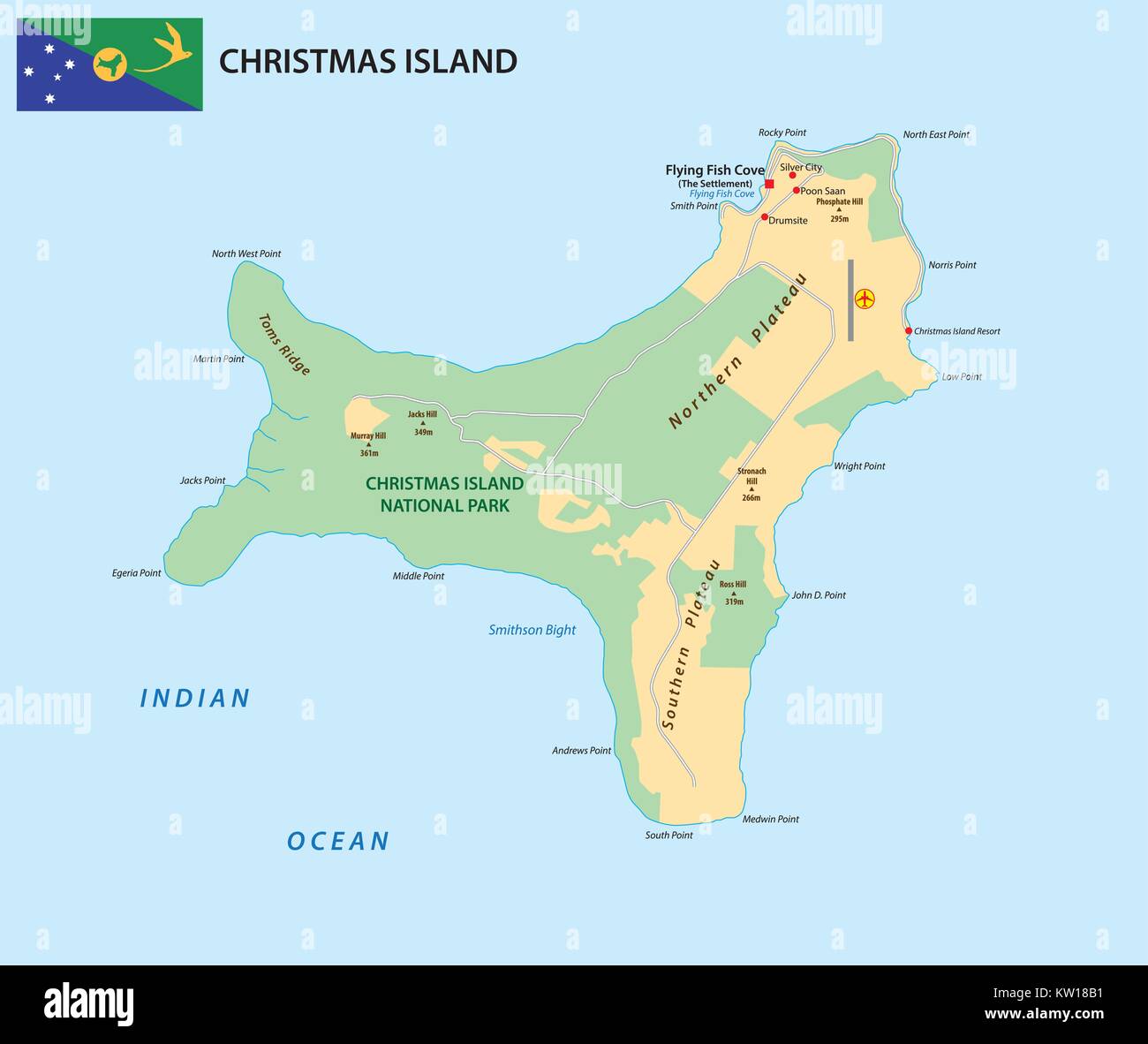 Vector map of the territory of Christmas Island with flag Stock Vector