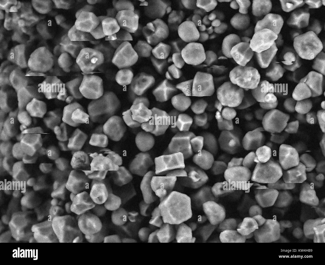 Scanning electron microscope (SEM) micrograph showing granules of corn starch, at a magnification of 1000x, 2016. Image shows artifacts related to charging effect on the sample. Stock Photo