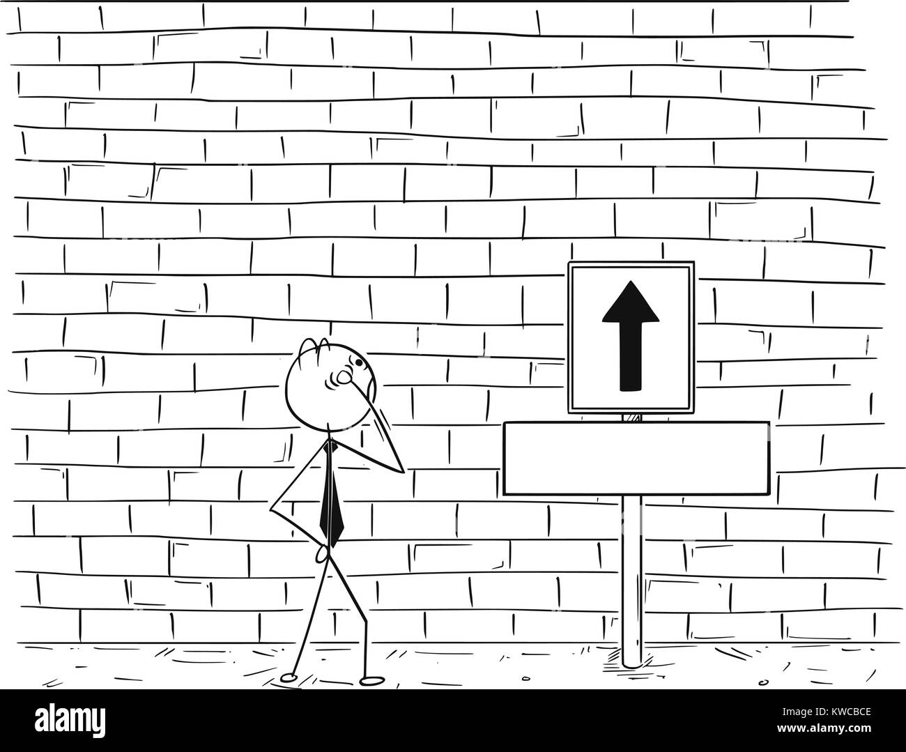 Cartoon stick man drawing conceptual illustration of business man looking at high wall standing as obstacle in his way to success. Empty sign with arr Stock Vector