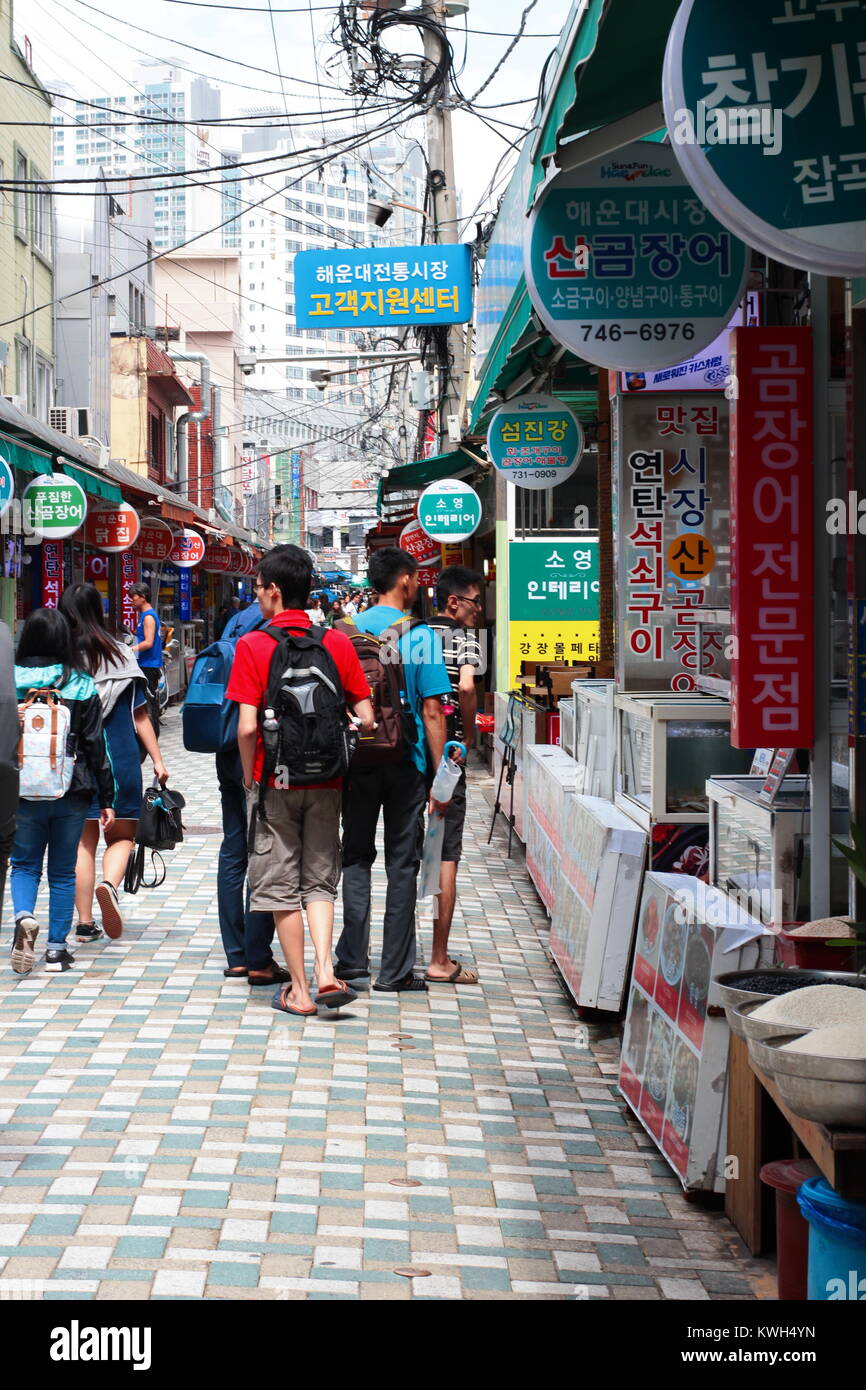 Korean traditional market located at Haeundae street in Busan, South Korea Stock Photo