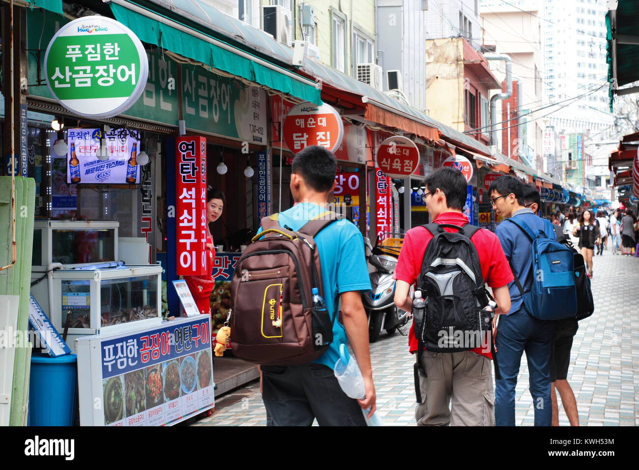 Korean traditional market located at Haeundae street in Busan, South Korea Stock Photo