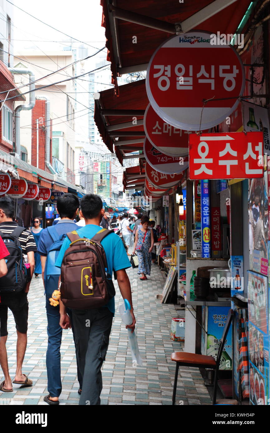 Korean traditional market located at Haeundae street in Busan, South Korea Stock Photo