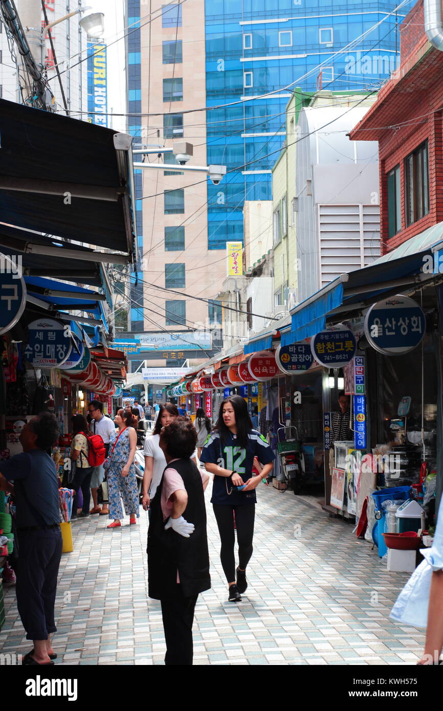 Korean traditional market located at Haeundae street in Busan, South Korea Stock Photo