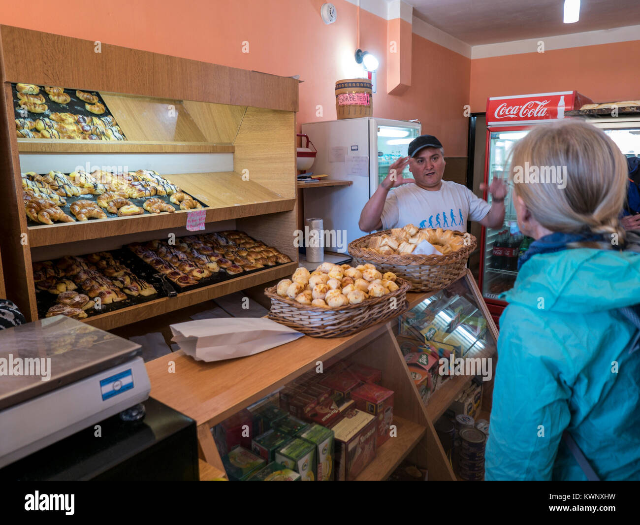 Travelers in bakery & cafe; El Chaltén; Chile Stock Photo