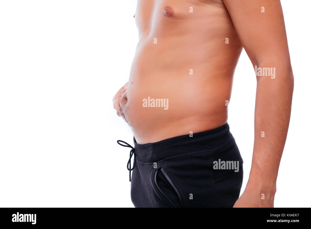 Men with excess fat on the abdomen isolated on white background Stock Photo