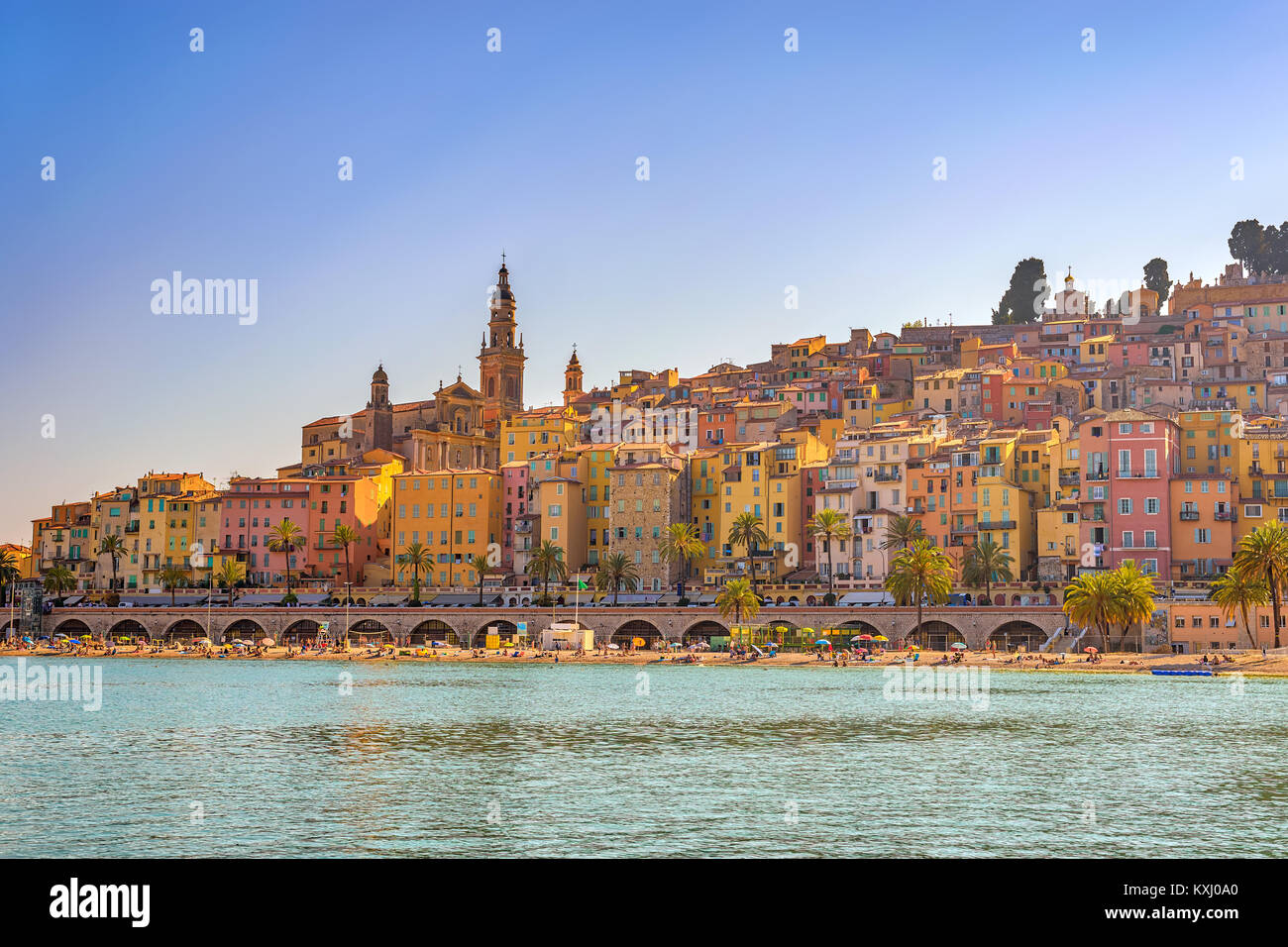 Menton beach and city skyline, Menton, France Riviera Stock Photo