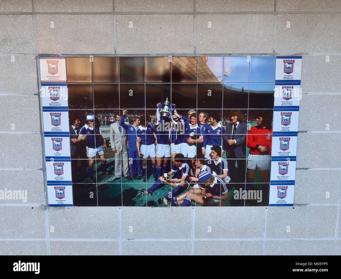 Ipswich Town Football Club 1978 FA Cup winners team photograph converted into tiles displayed at the north end of the stadium. Town beat Arsenal 1-0. Stock Photo