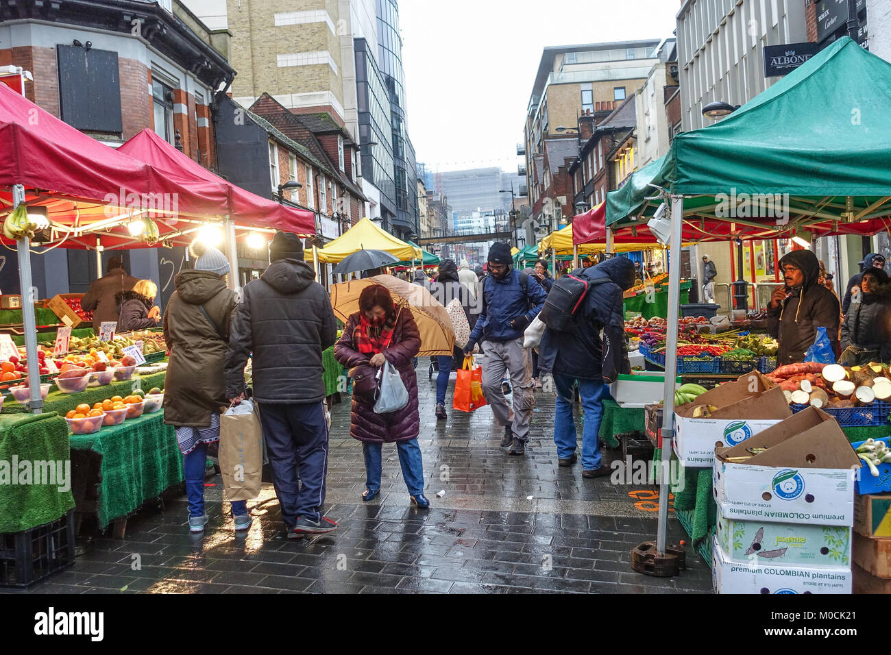 Fruit and Veg stalls in Surrey Street Market in Croydon, SOuth London pictured in January 2018. Stock Photo