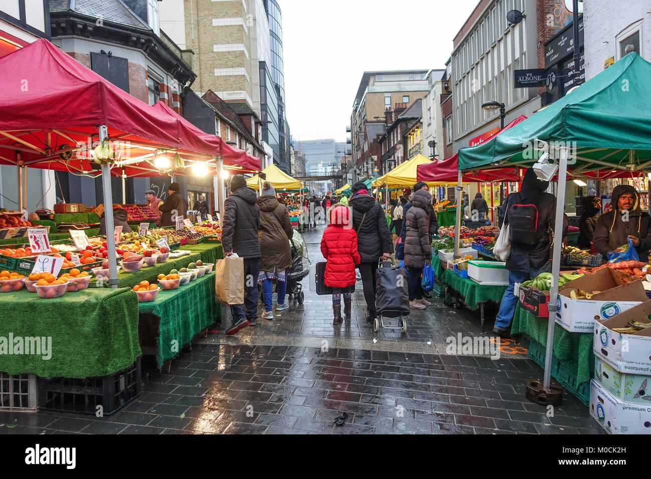 Fruit and Veg stalls in Surrey Street Market in Croydon, SOuth London pictured in January 2018. Stock Photo