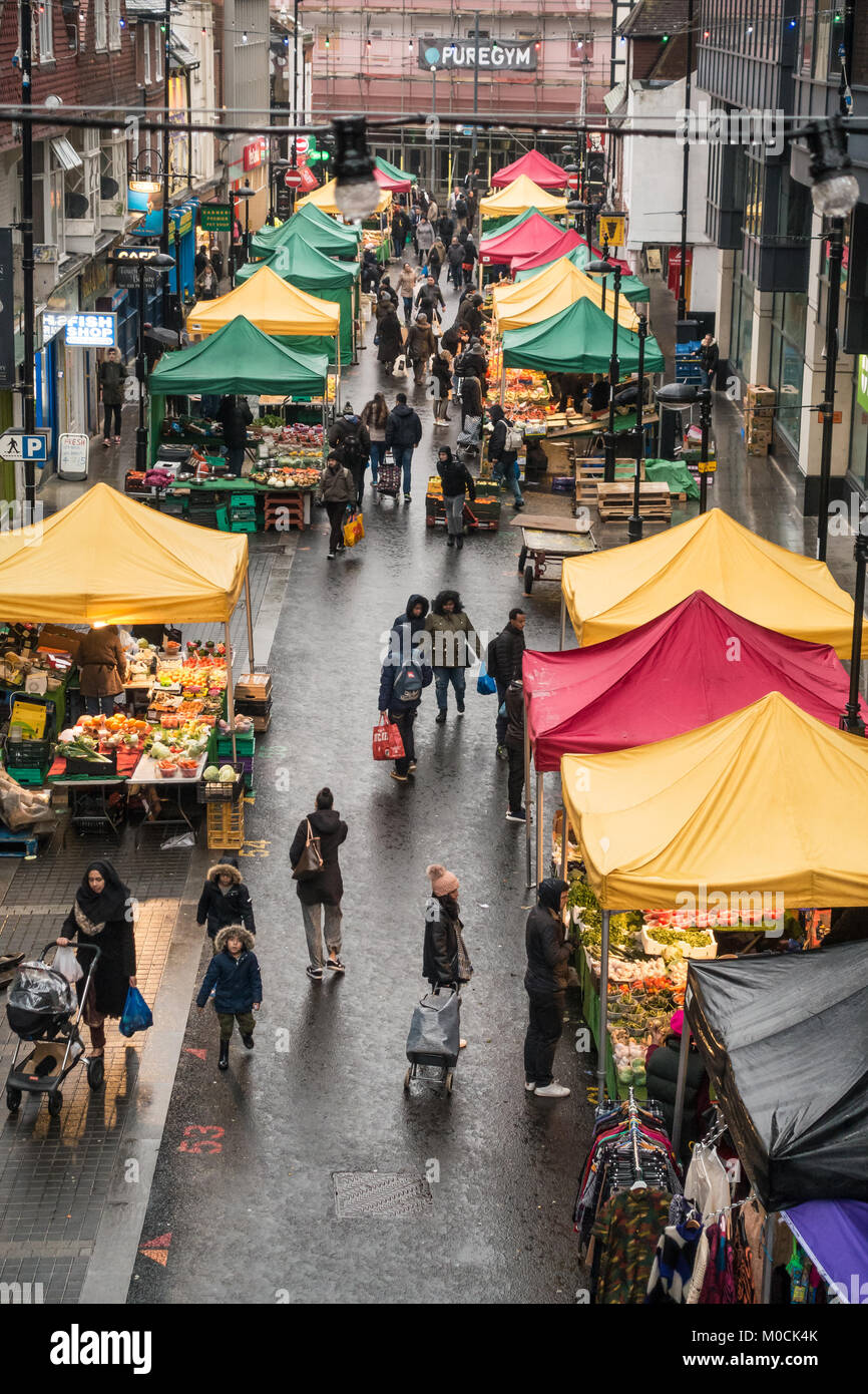 Looking down at Surrey Street Market in Croydon, South London from an overhead bridge. Stock Photo