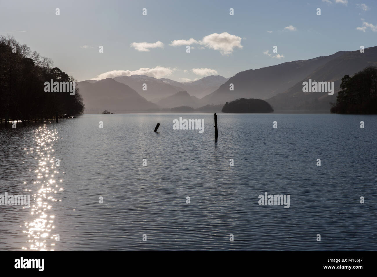 Derwent Water near Keswick, in the English Lake District National Park on a misty/hazy winters day Stock Photo