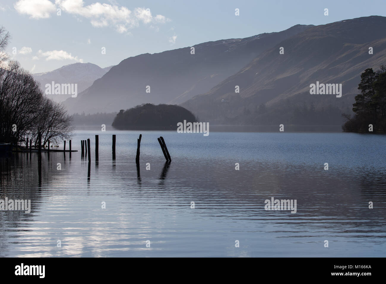 Derwent Water near Keswick, in the English Lake District National Park on a misty/hazy winters day Stock Photo