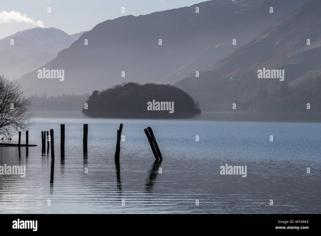 Derwent Water near Keswick, in the English Lake District National Park on a misty/hazy winters day Stock Photo