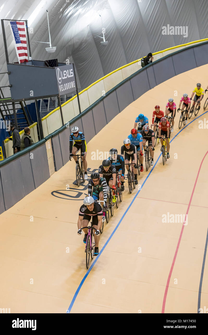 Detroit, Michigan USA - 26 January 2018 - A series of bicycle races celebrated the grand opening of the Lexus Velodrome, one of only three indoor veleromes in the United States. Cyclists warmed up on the track before racing began. Credit: Jim West/Alamy Live News Stock Photo