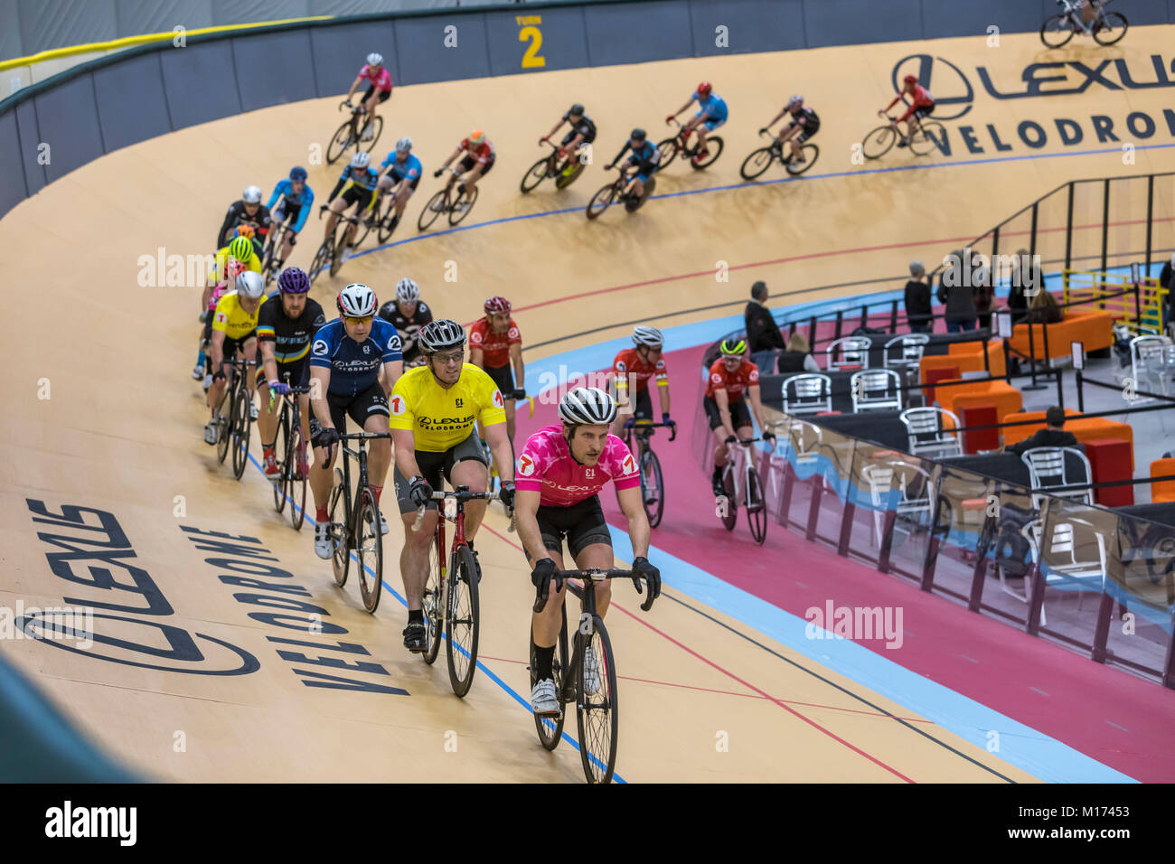 Detroit, Michigan USA - 26 January 2018 - A series of bicycle races celebrated the grand opening of the Lexus Velodrome, one of only three indoor veleromes in the United States. Cyclists warmed up on the track before racing began. Credit: Jim West/Alamy Live News Stock Photo