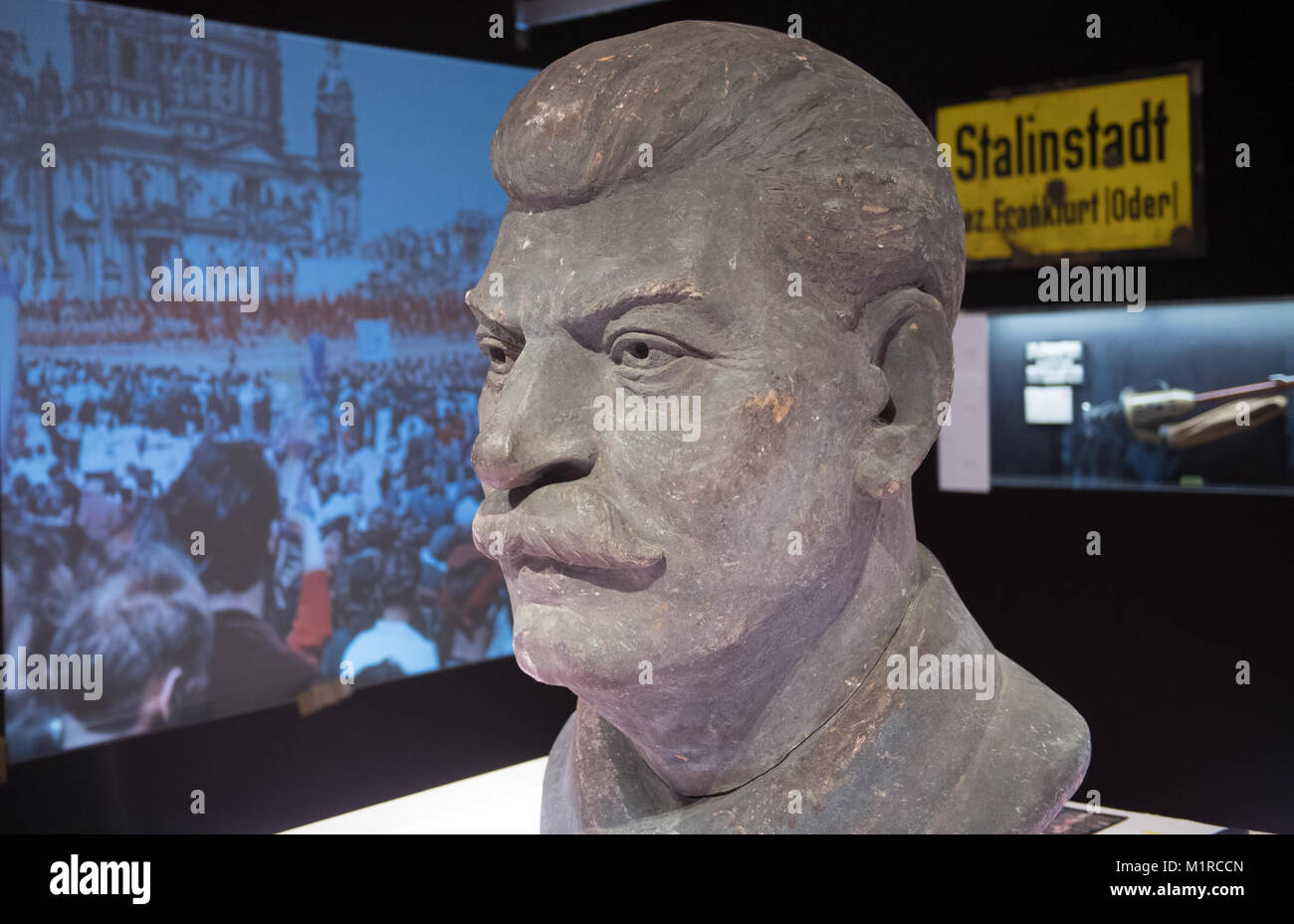 Berlin, Germany. 17th Jan, 2018. ARCHIVE - A bust of the General Secretary of the Central Committee of the Communist Party of the Soviet Union, Josef Stalin, is exhibited during a special exhibition at the Berlin-Hohenschoenhausen Memorial in Berlin, Germany, 17 January 2018. A new exhibition in Berlin deals with cult surrounding Stalin in the former German Democratic Republic. Credit: Ralf Hirschberger/dpa-Zentralbild/dpa/Alamy Live News Stock Photo