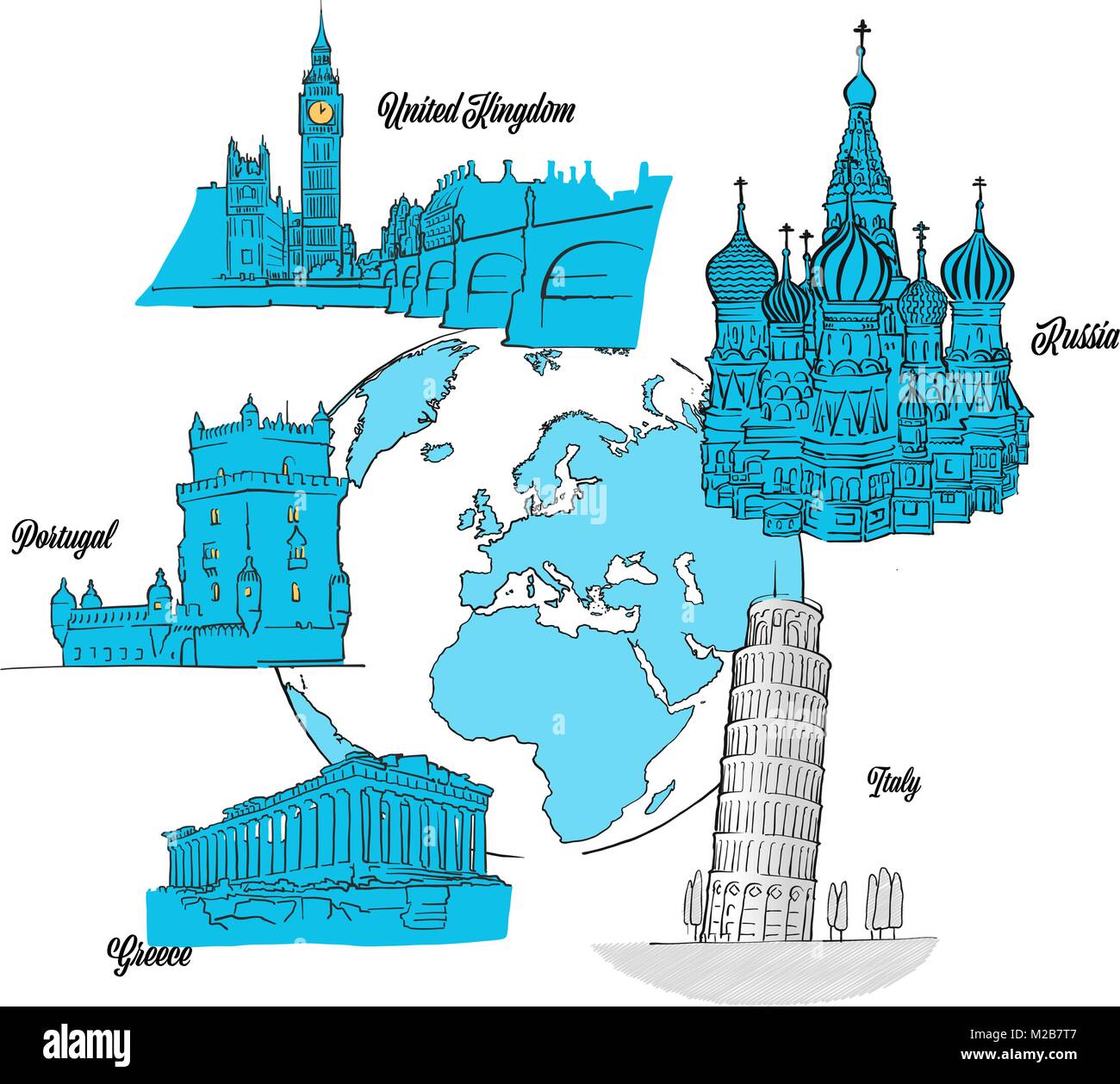 Europe Travel Landmarks on Globe. hand drawn outline illustration for print design and travel marketing Stock Vector