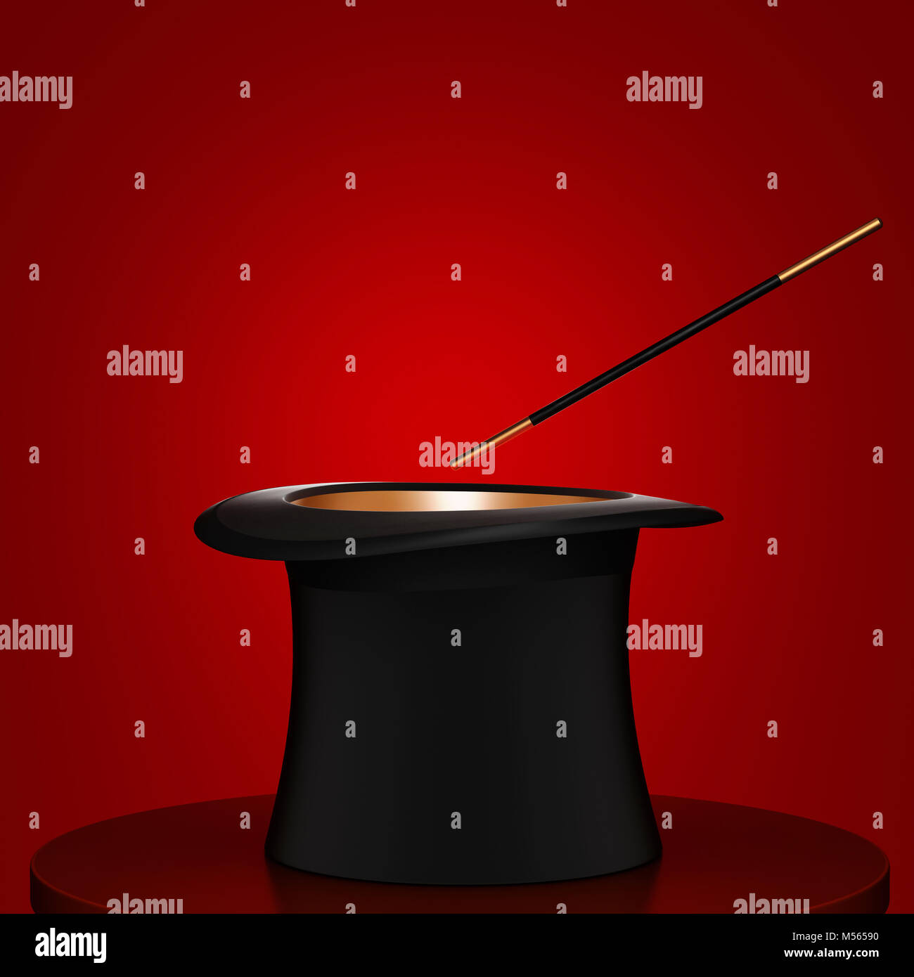 Magician hat with magic wand on red background. 3D rendering Stock Photo