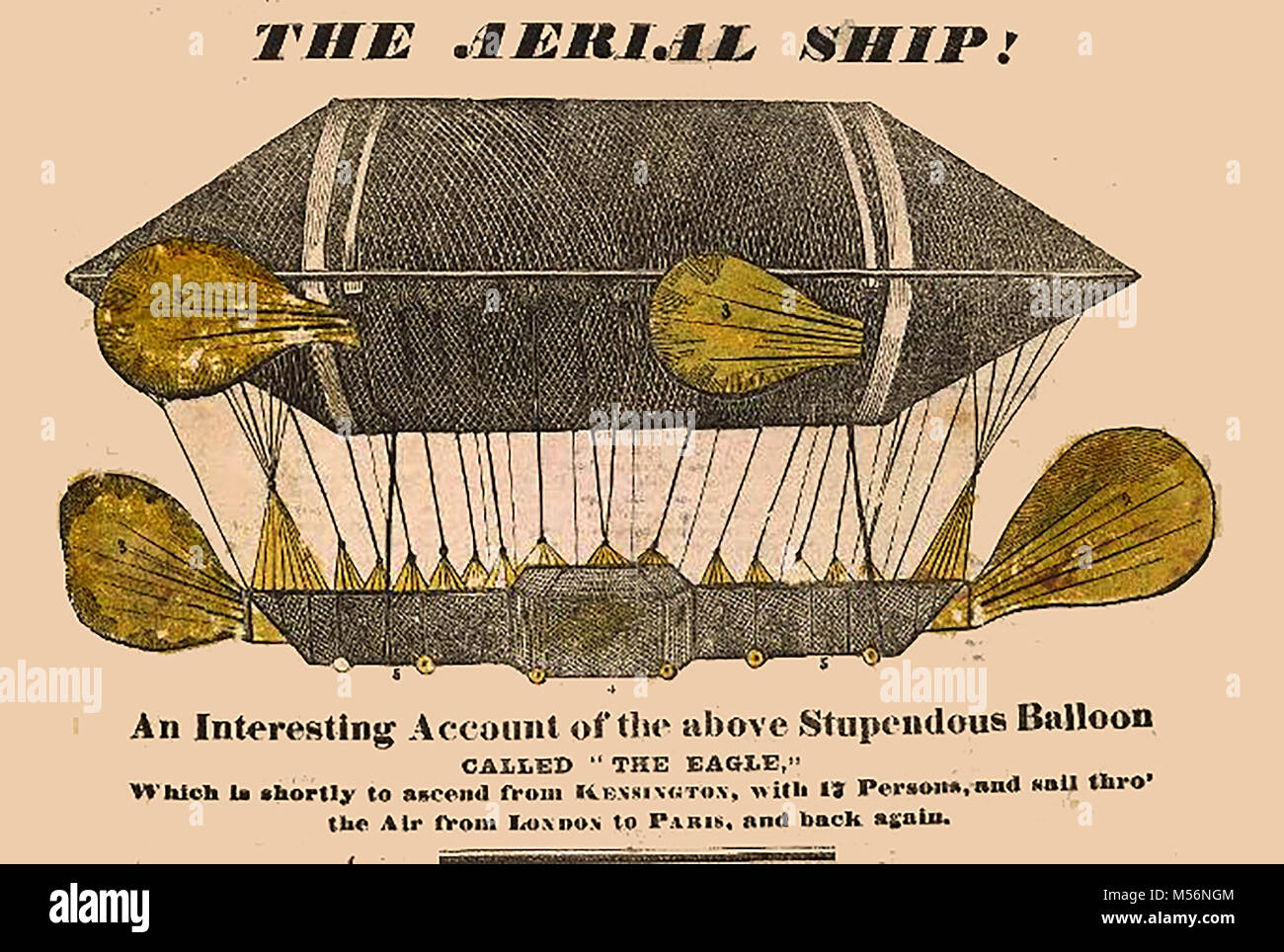 historic aeronautics, balloons and flying machines -Aerial ship - balloon Eagle 1834 - Advertisement for a London to Paris flight Stock Photo