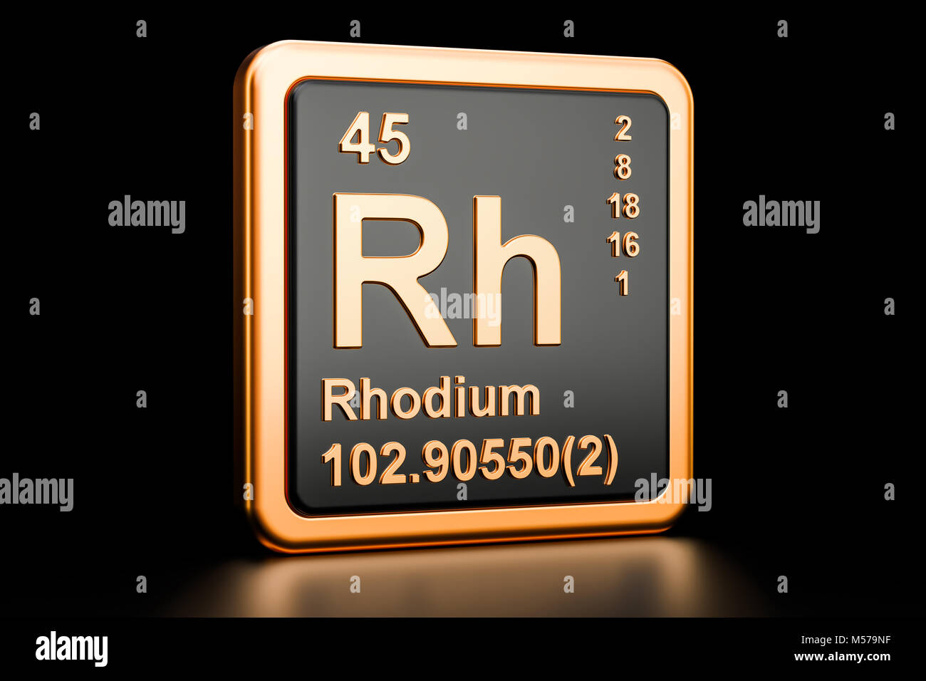 Rhodium Rh chemical element, 3D rendering isolated on black background Stock Photo