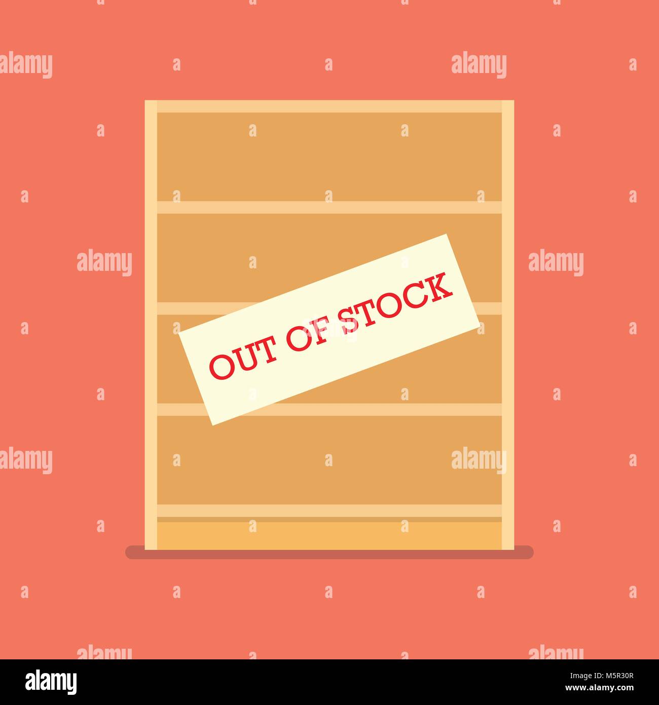 Out of stock sign on wooden shelves. Shortage economic conncept Stock Vector