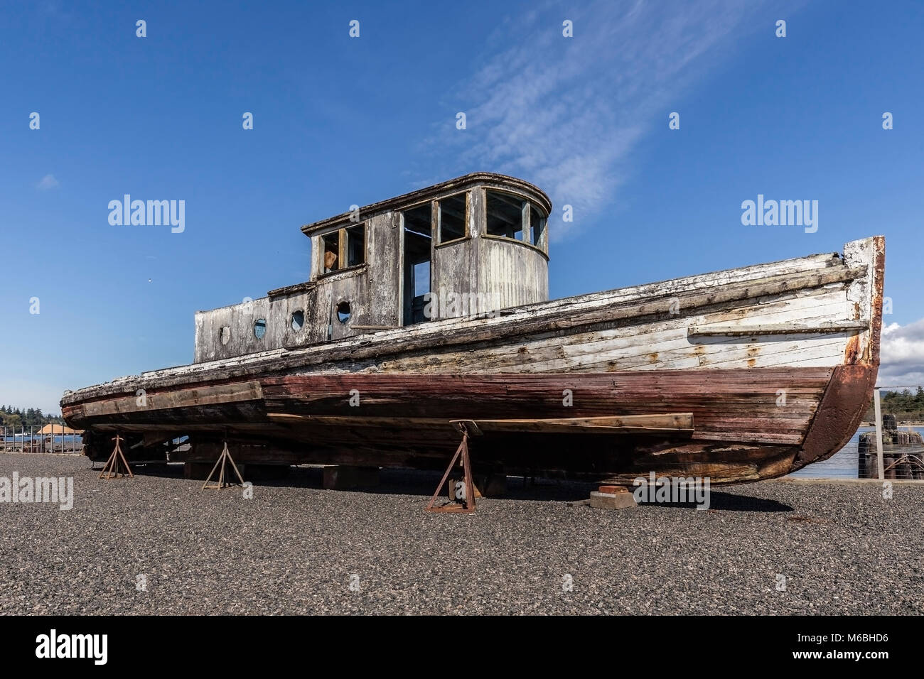 Old boat outside Coos History Museum in Coos Bay, OR. Stock Photo